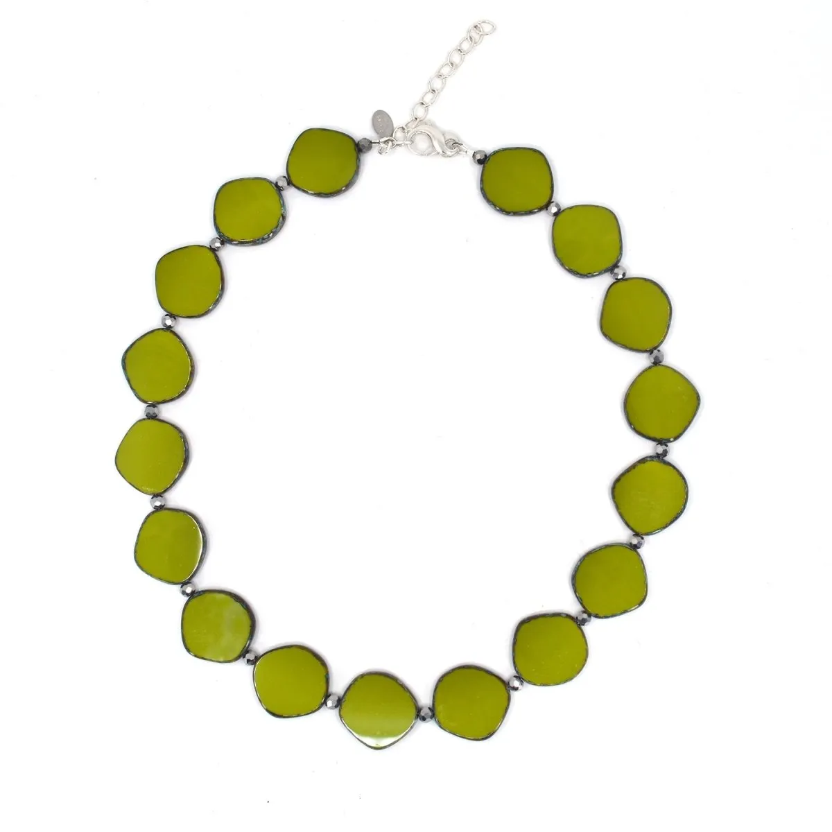 Avocado Green Beaded Necklace, Large Circle Glass Beaded Necklace