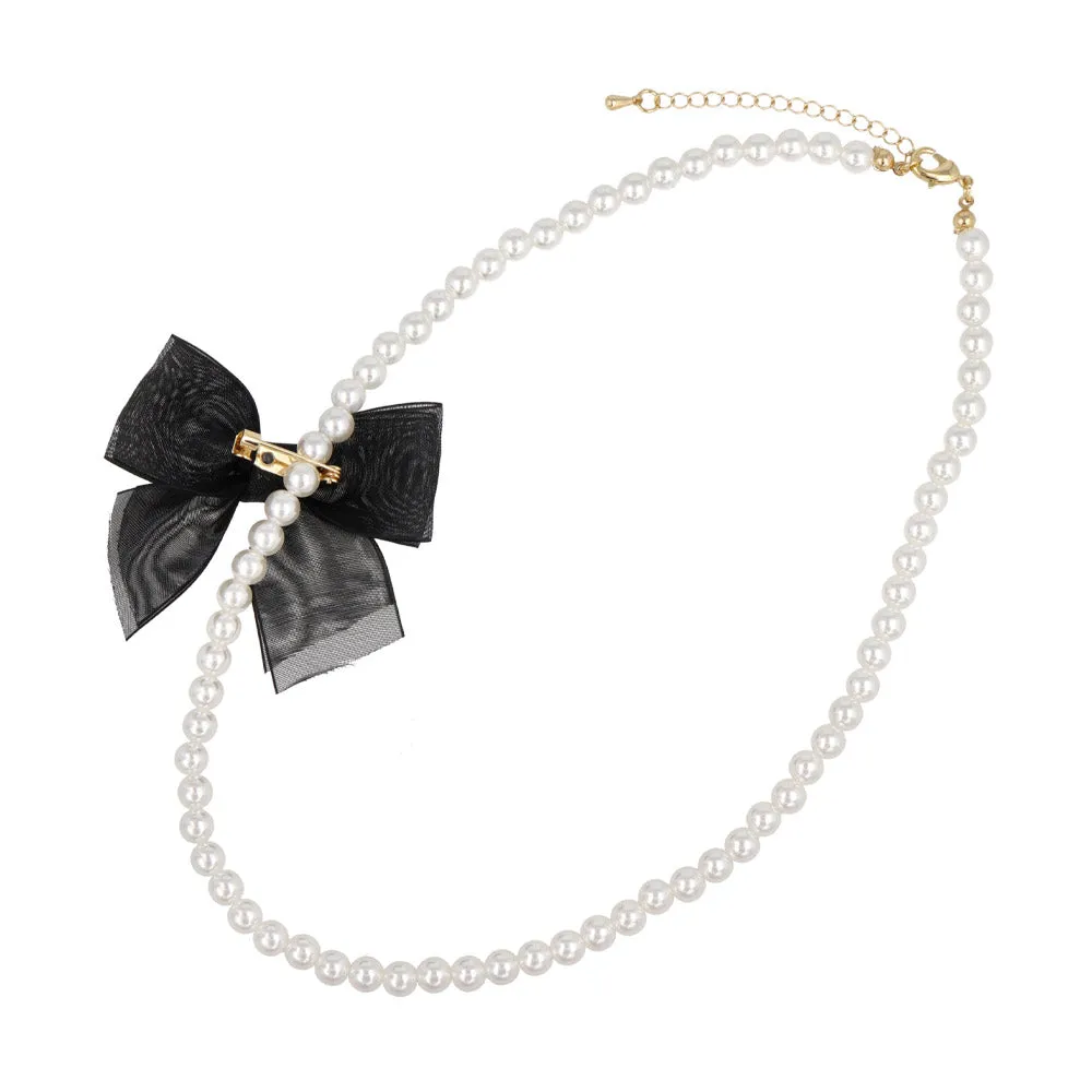 Black Sheer Bow Pearl Chain Necklace