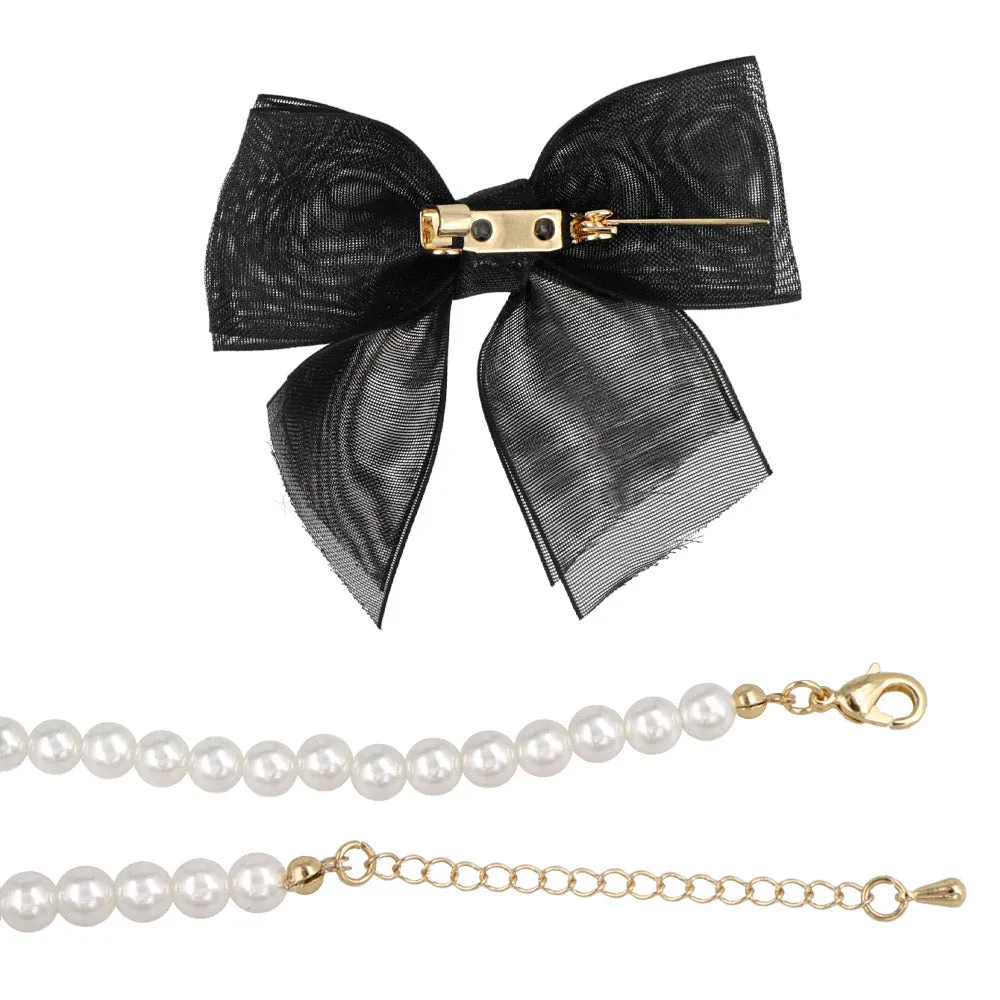 Black Sheer Bow Pearl Chain Necklace