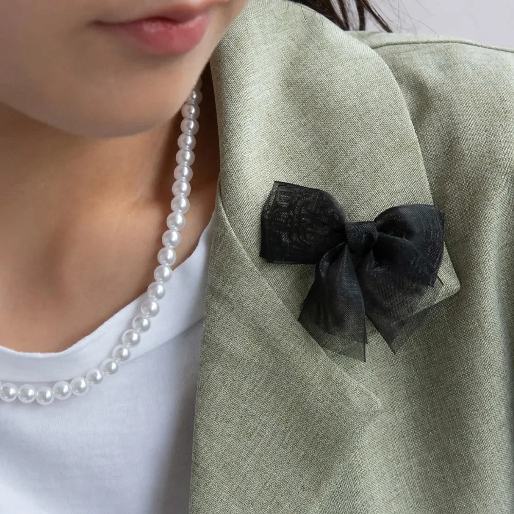 Black Sheer Bow Pearl Chain Necklace