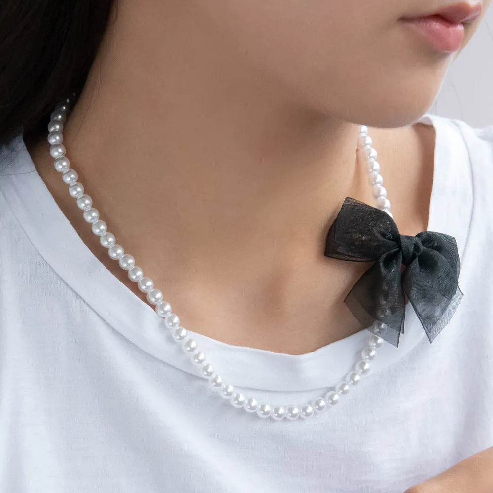 Black Sheer Bow Pearl Chain Necklace