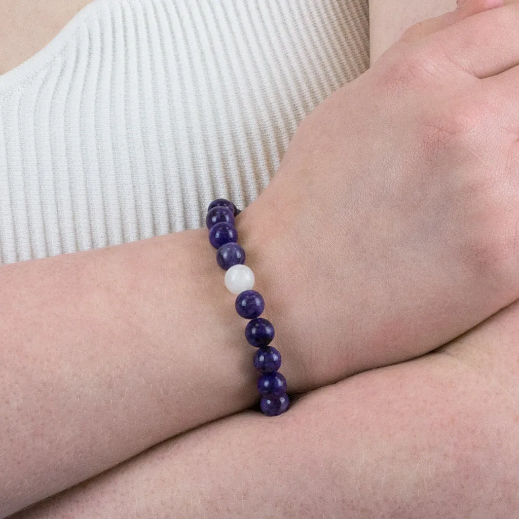 Charoite and White Moonstone Bead Bracelets