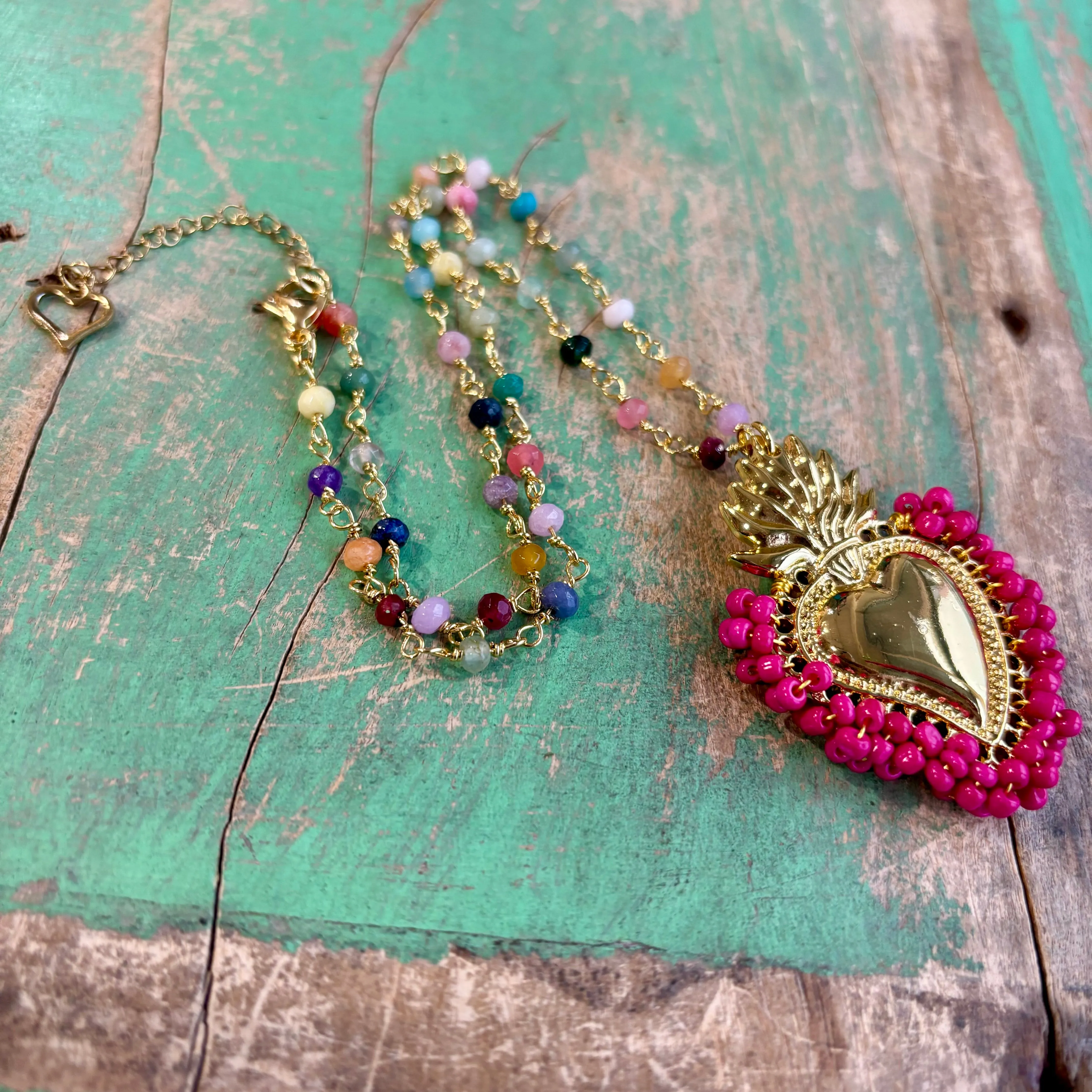 Colorful Beaded Sacred Heart Necklace