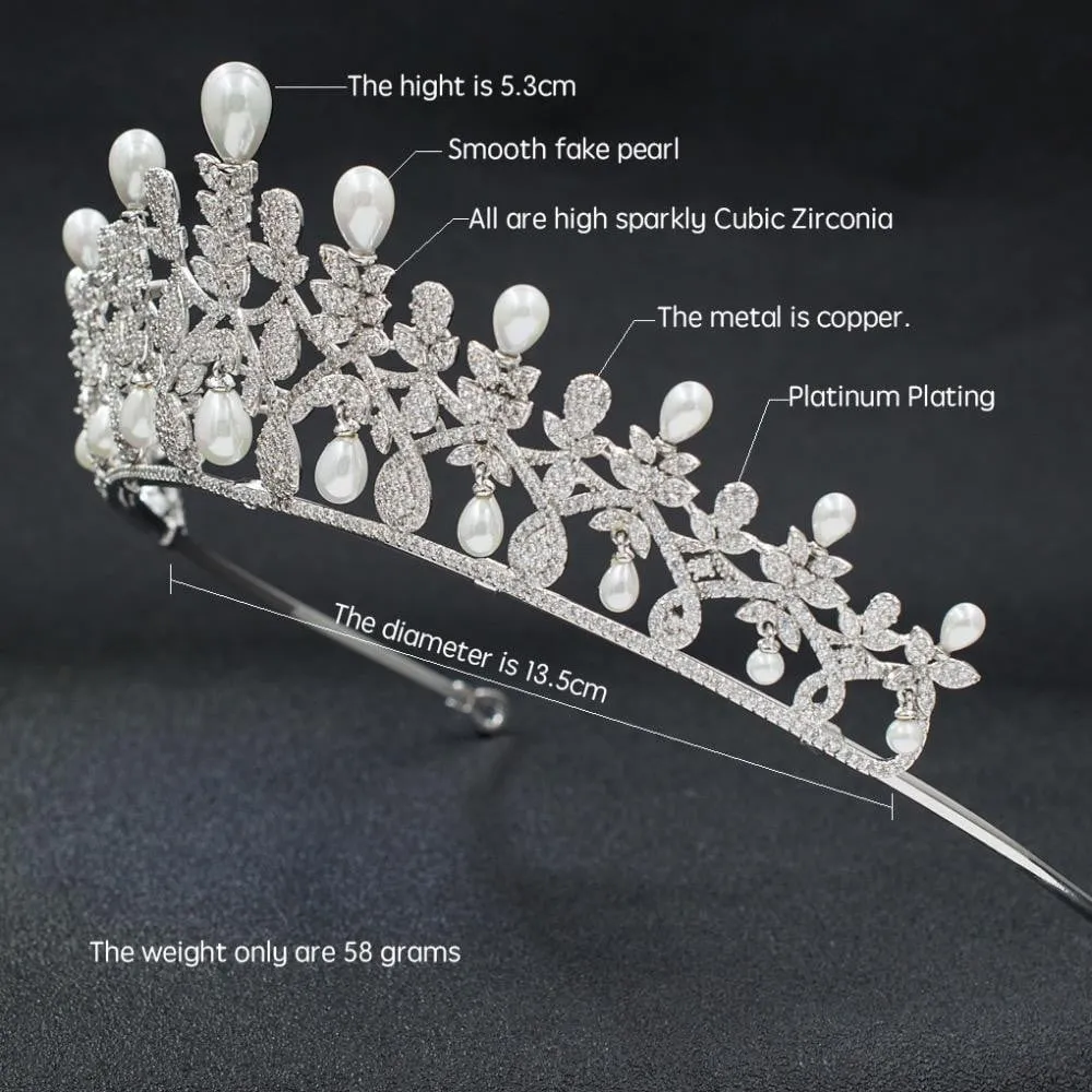 Cubic Zirconia Wedding Diadem, Bridal Pearl Tiara Hair Jewelry A00017