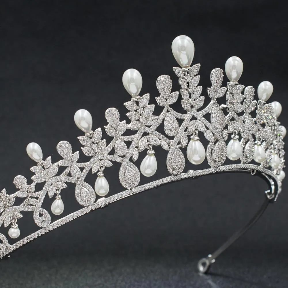 Cubic Zirconia Wedding Diadem, Bridal Pearl Tiara Hair Jewelry A00017