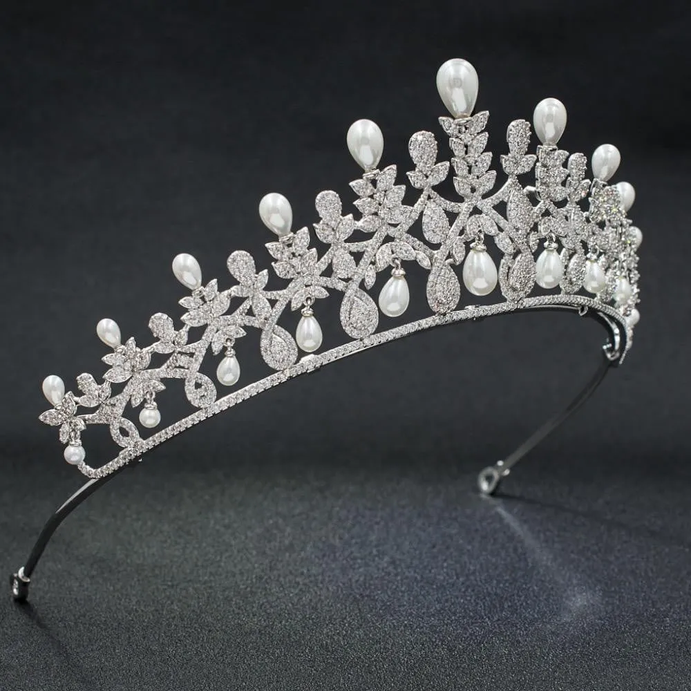 Cubic Zirconia Wedding Diadem, Bridal Pearl Tiara Hair Jewelry A00017