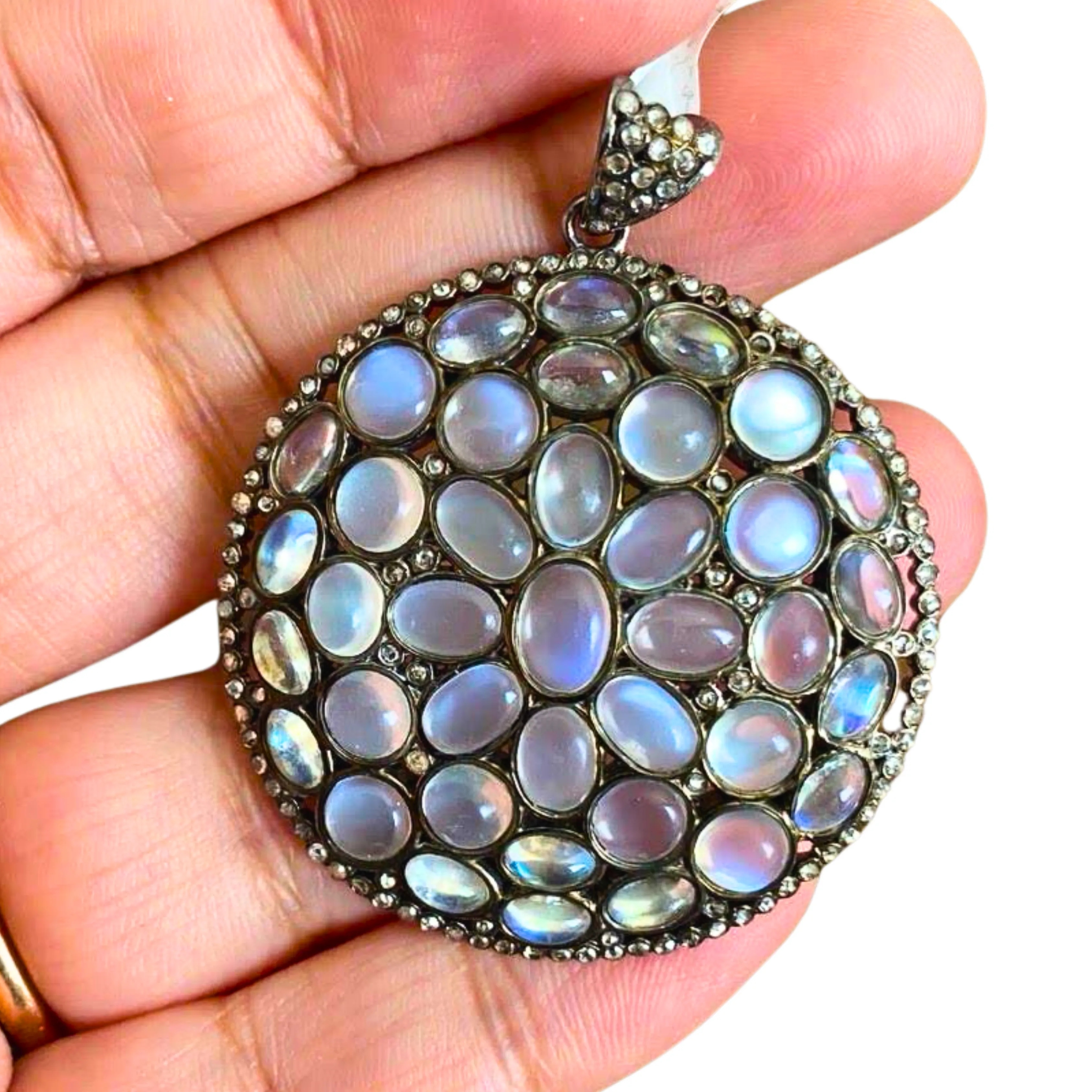 Dainty Rainbow Moonstone Round Pendant With Diamond