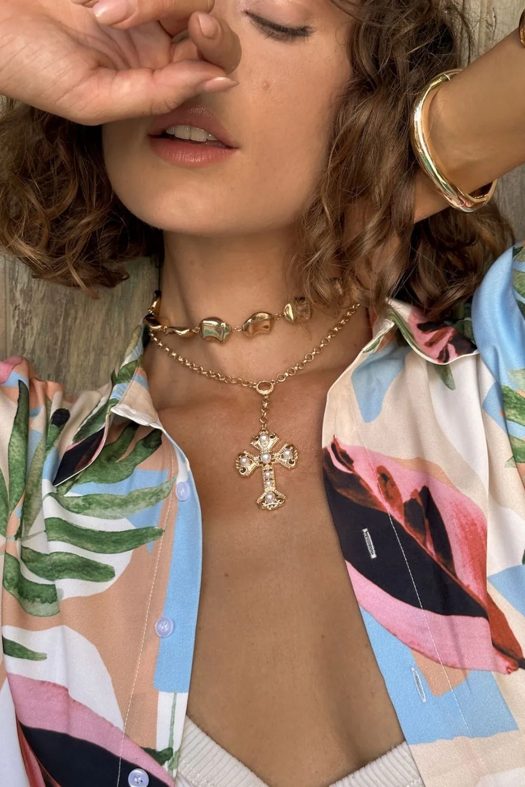 Daniela Gold Pearl Cross Necklace