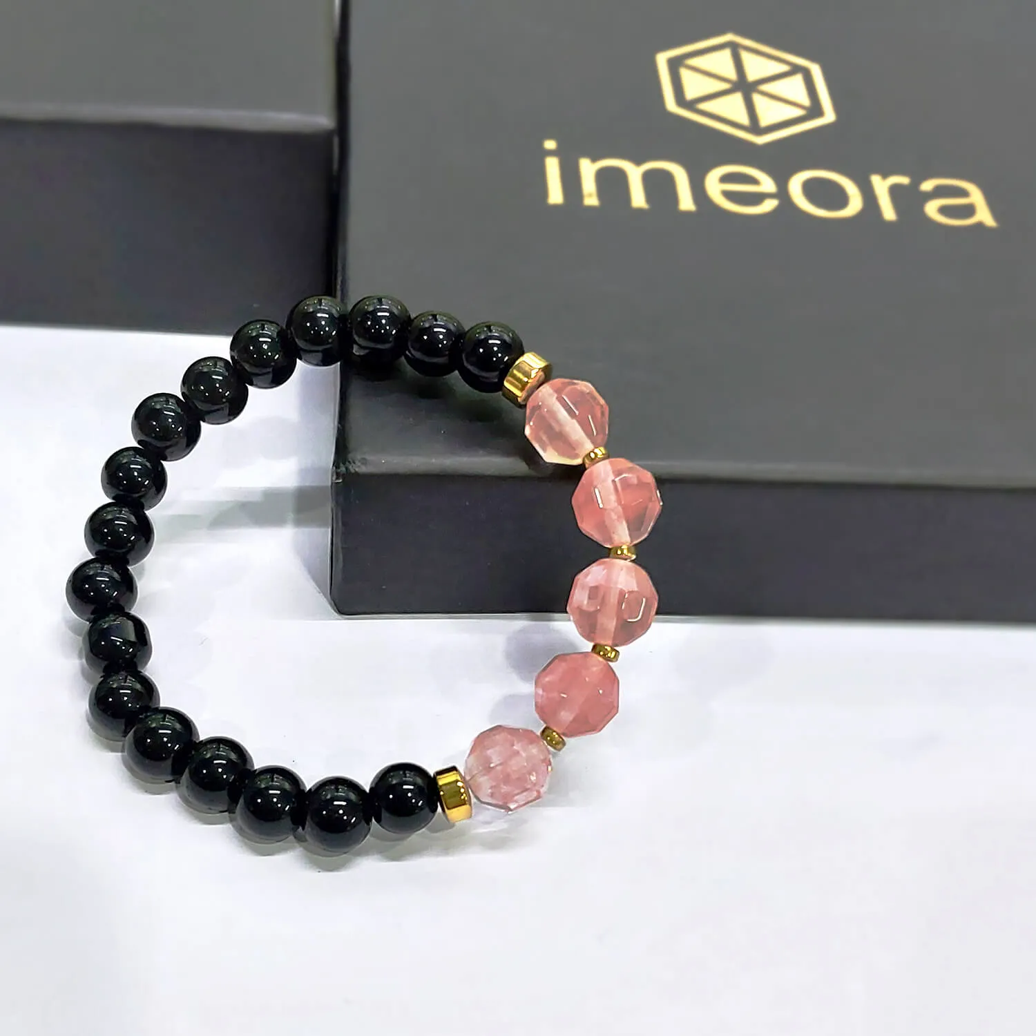 Diamond Cut Strawberry Quartz With Black Obsidian And Golden Hematite Bracelet