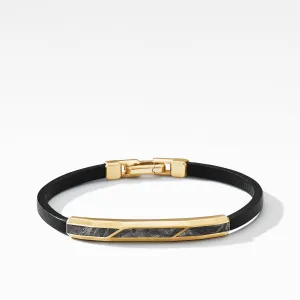 Faceted ID Black Leather Bracelet with Meteorite and 18K Yellow Gold