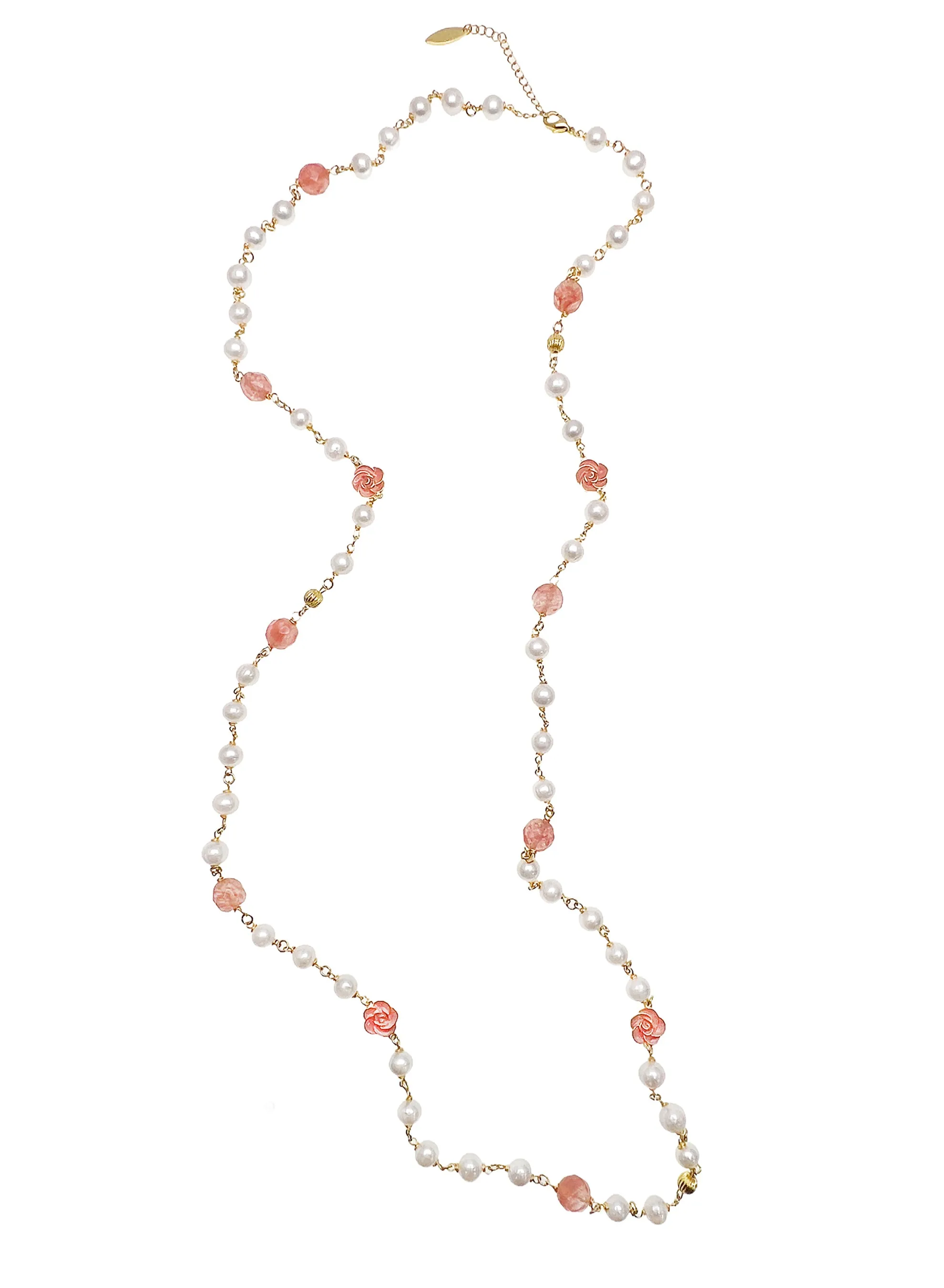 Freshwater Pearls With Rose Charms Long Necklace LN006