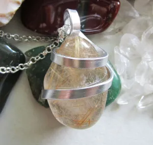 Gold Rutilated Natural Polished Quartz Crystal Pendant Necklace