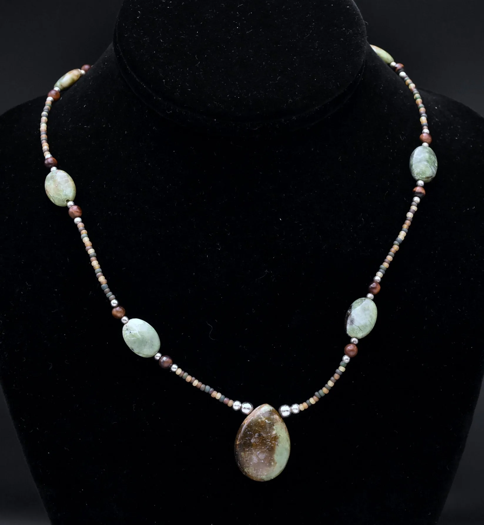 Green Jasper and Tiger's Eye Beaded Necklace - 18"