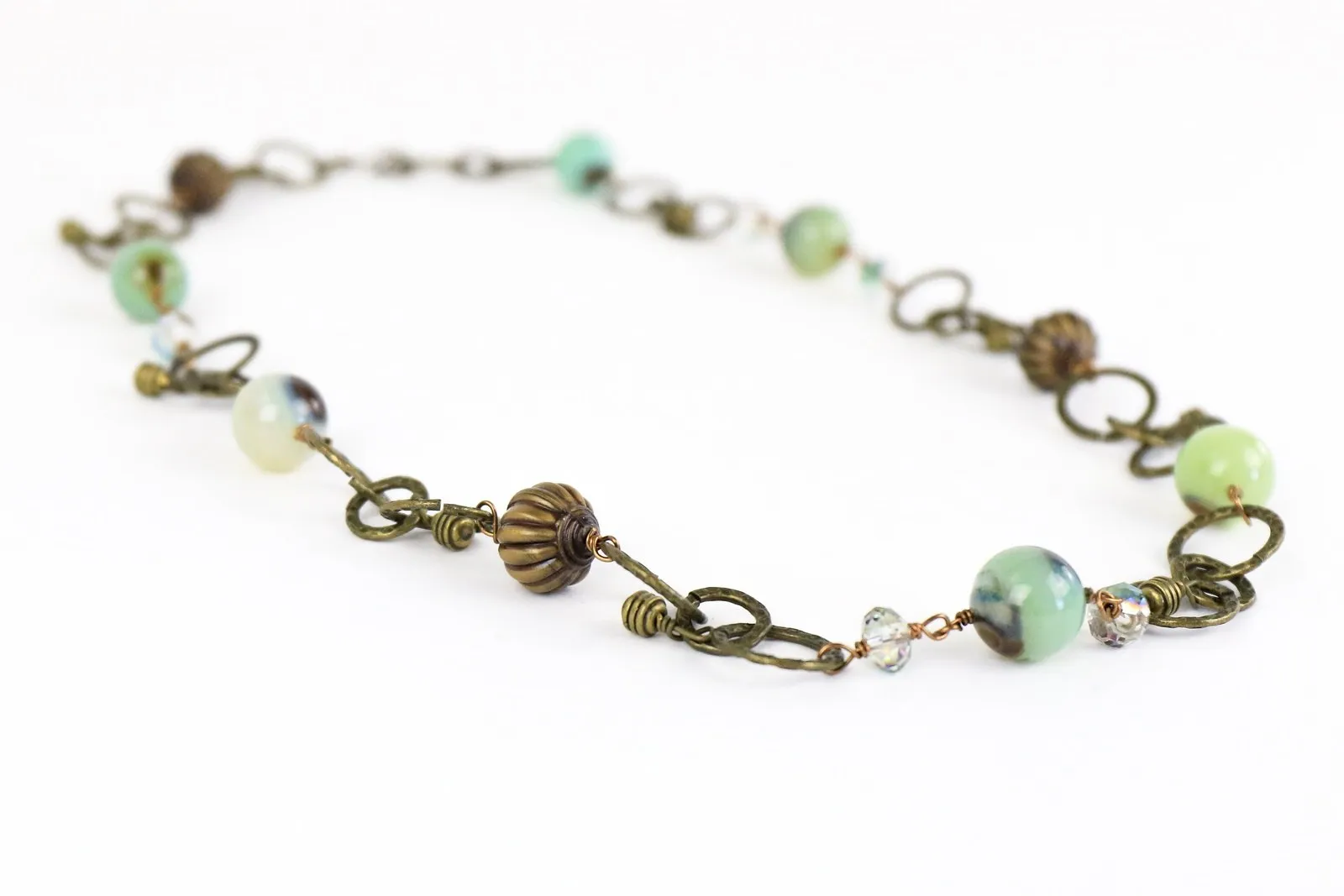 Green Single Strand Brass Necklace