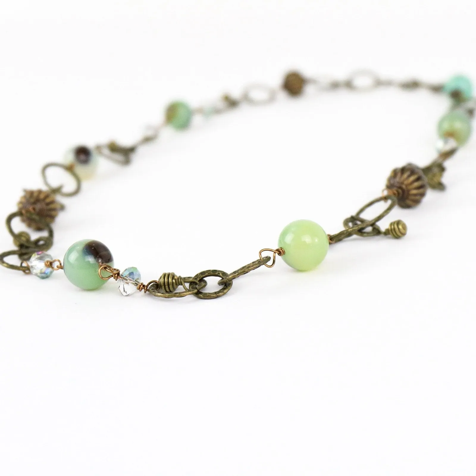 Green Single Strand Brass Necklace