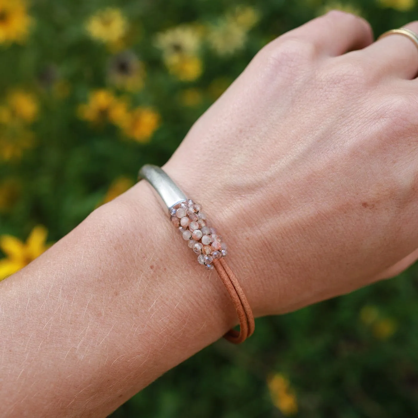 Hand Stitched Shaded Peach Moonstone Bracelet