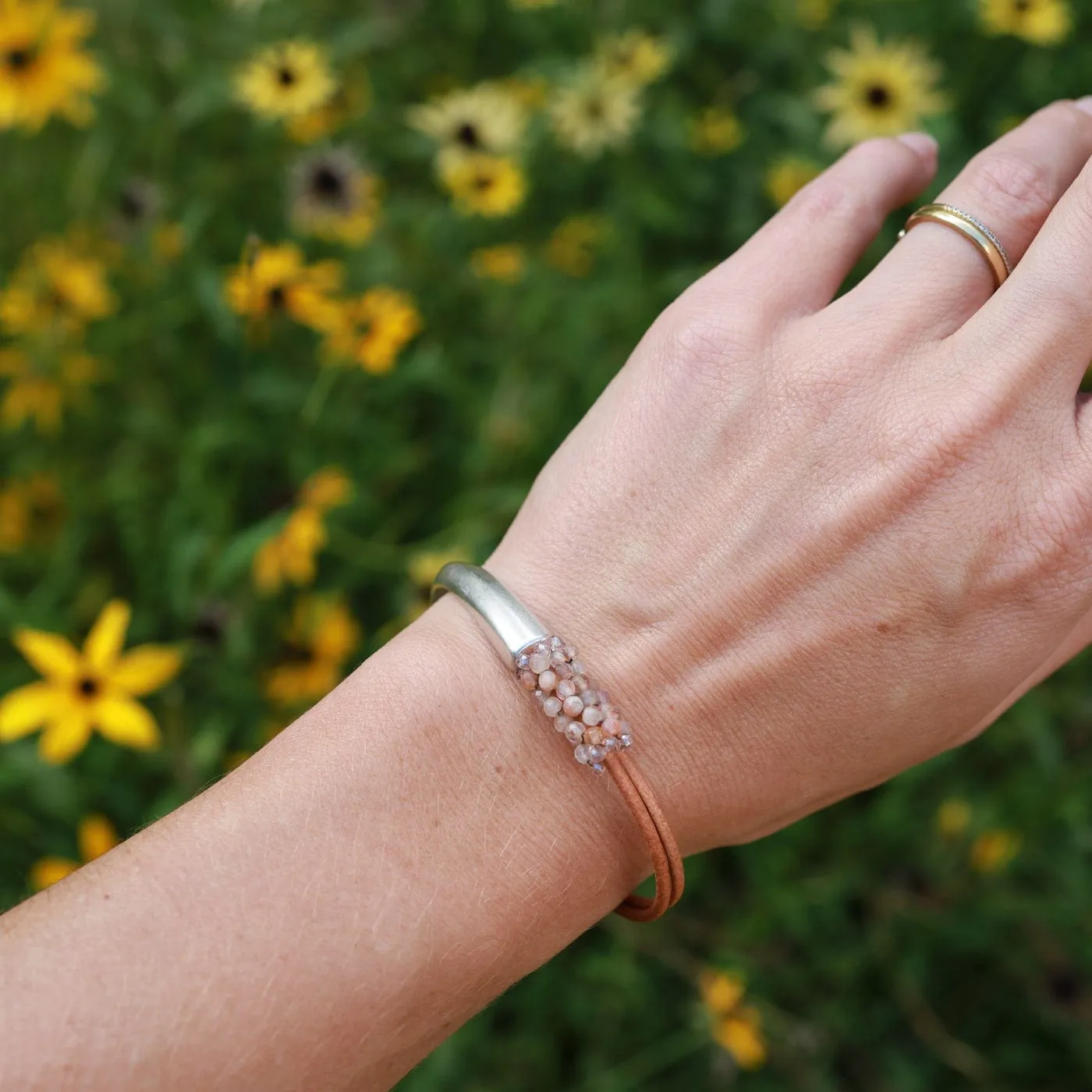 Hand Stitched Shaded Peach Moonstone Bracelet