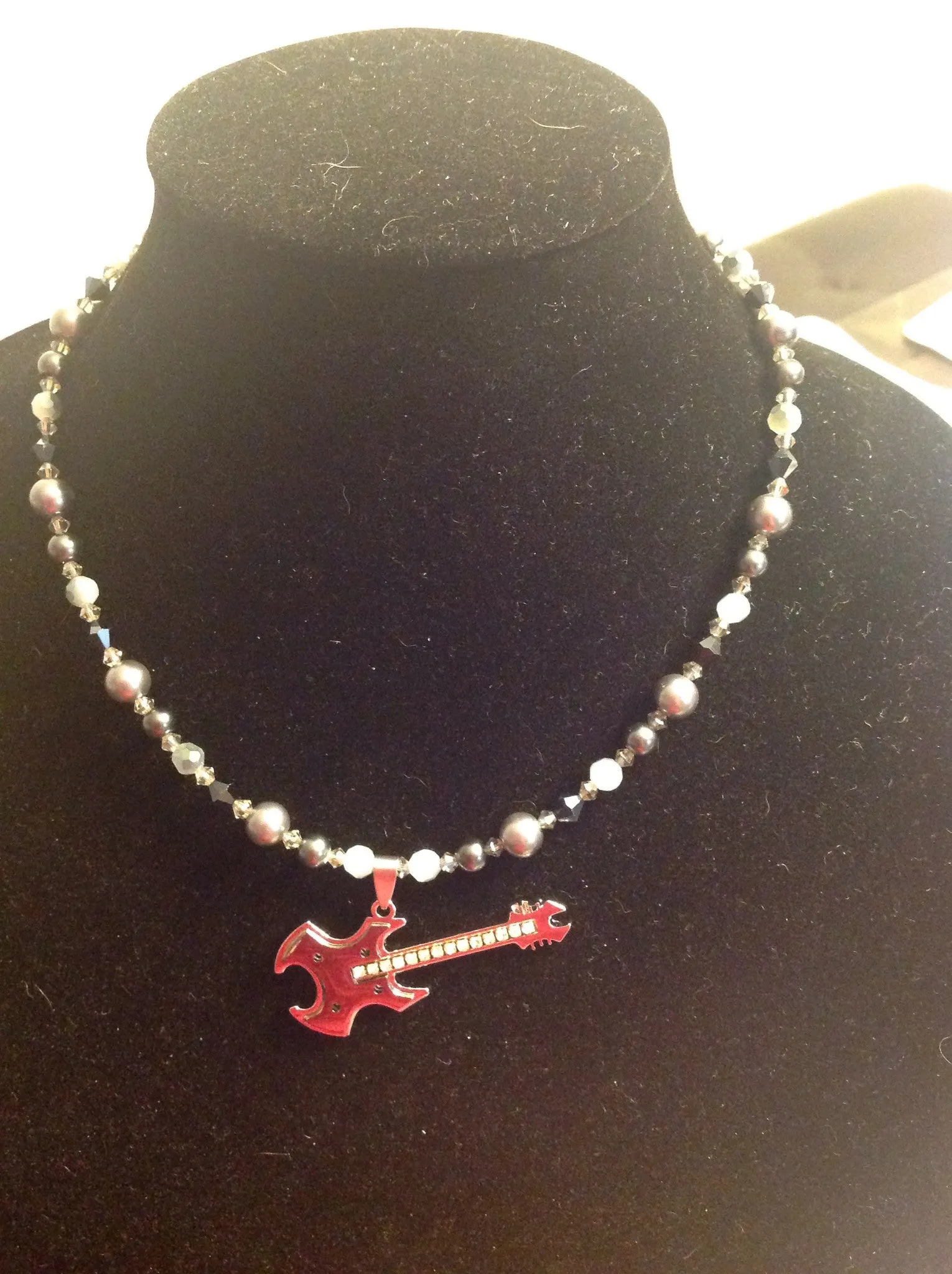 Handmade Silvertone rhinestone  beaded guitar necklace