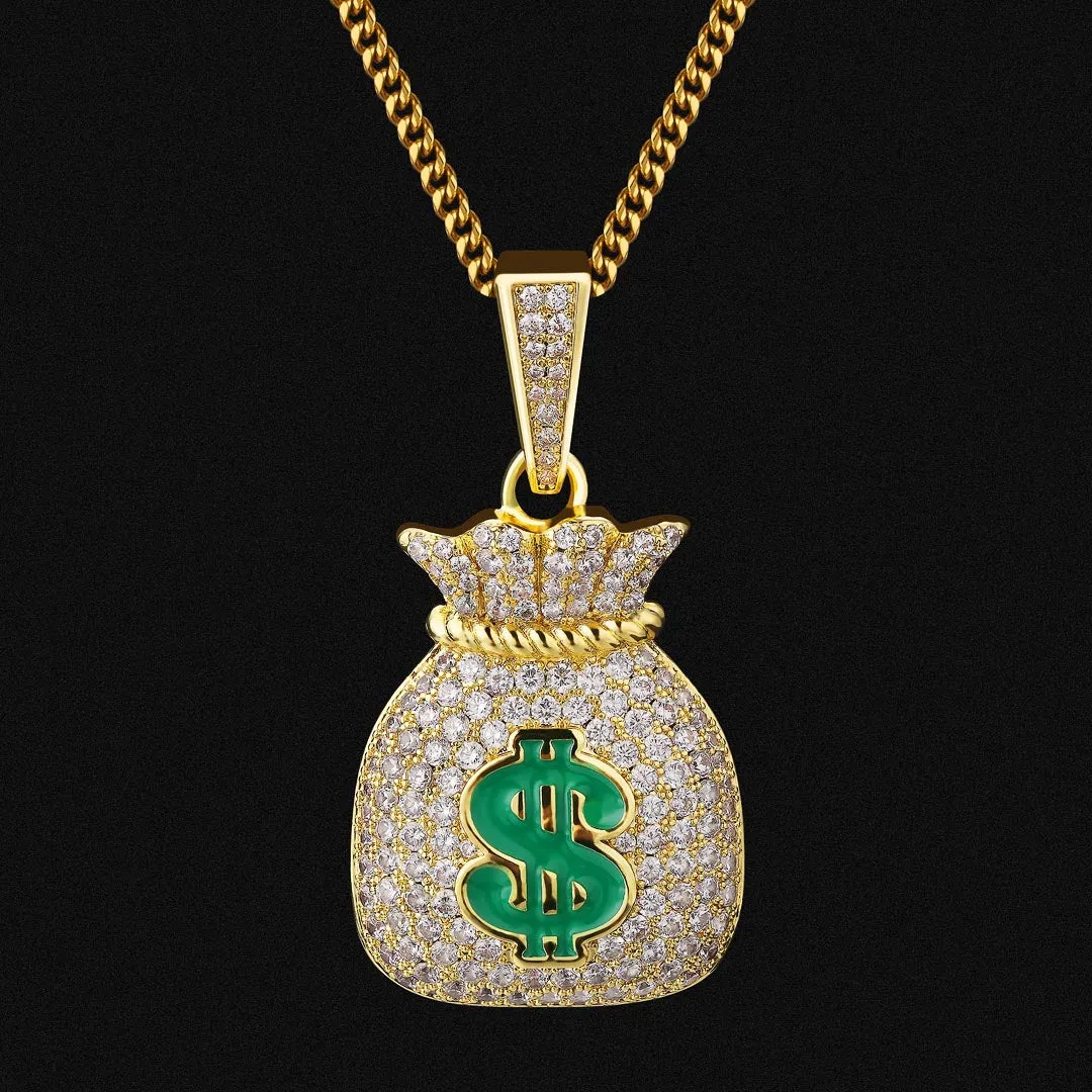 KRKC Iced Out Money Bag Mens Pendant Necklace in 14K Gold