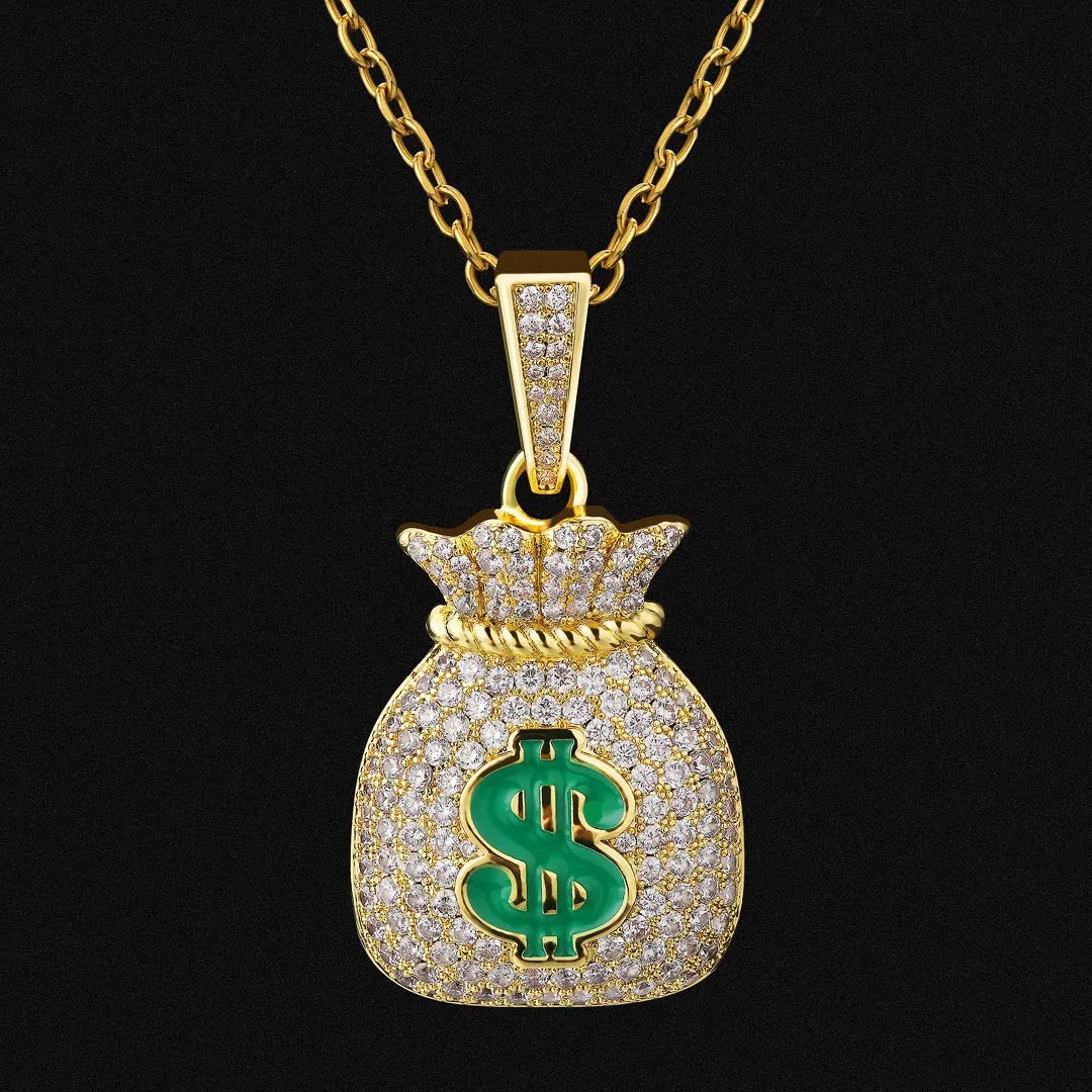 KRKC Iced Out Money Bag Mens Pendant Necklace in 14K Gold