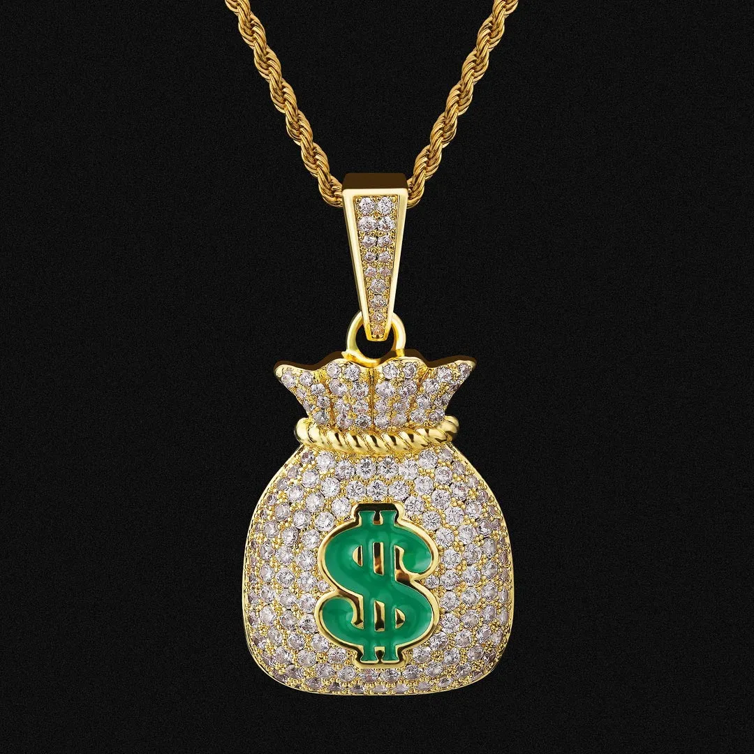 KRKC Iced Out Money Bag Mens Pendant Necklace in 14K Gold