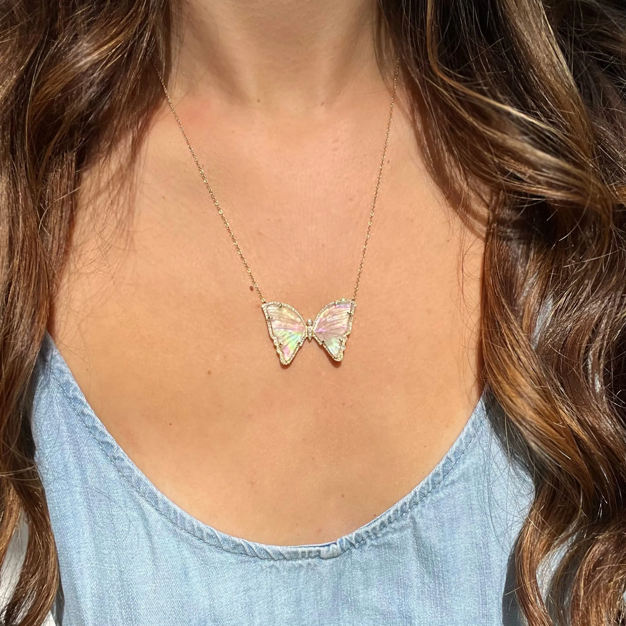 Large Pearl and Quartz Butterfly Necklace with Diamonds