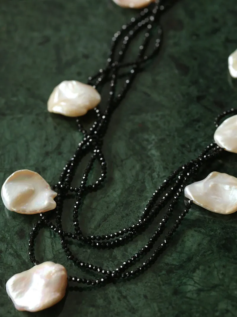 Large Petal Baroque Pearl Black Spinel Necklace-Super Long