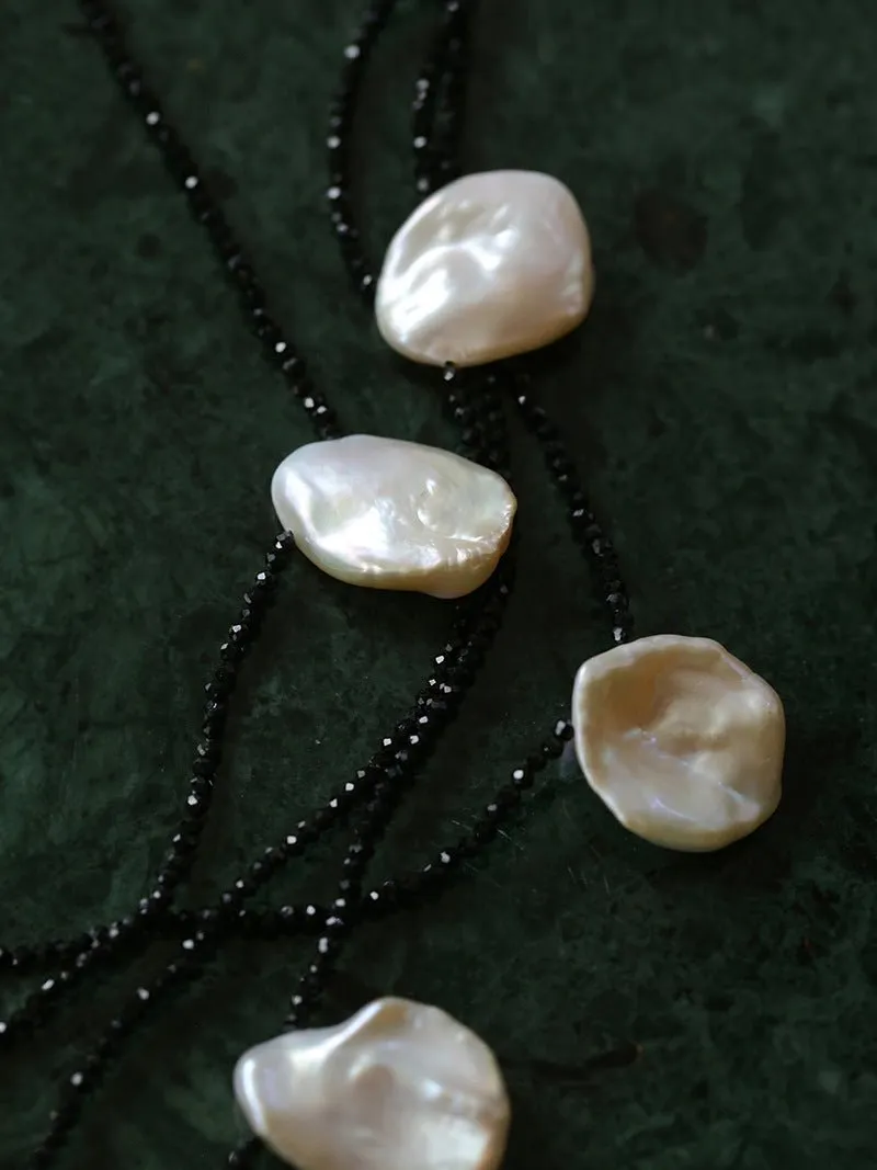 Large Petal Baroque Pearl Black Spinel Necklace-Super Long