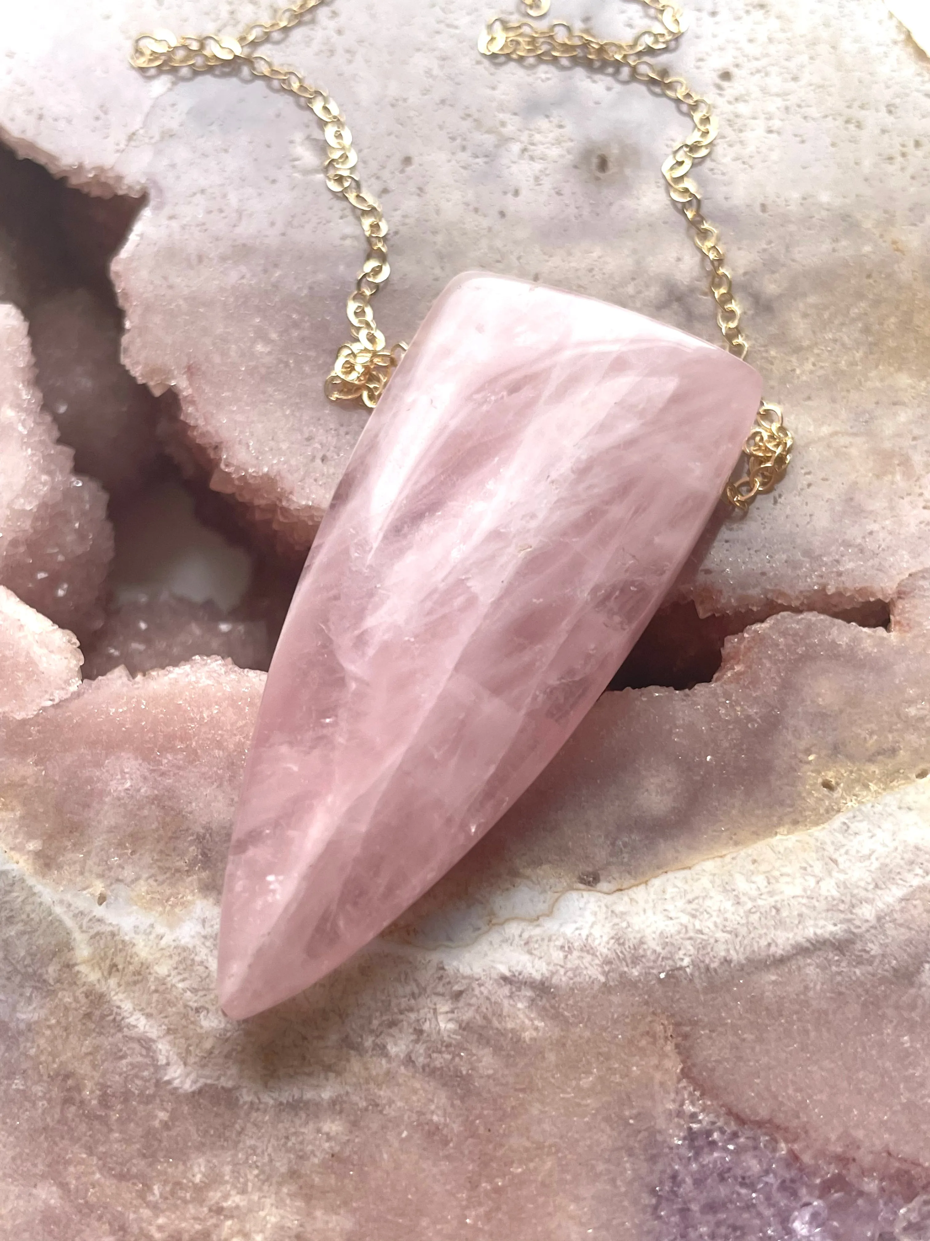 Large Rose Quartz Dagger Necklace Gold Fill