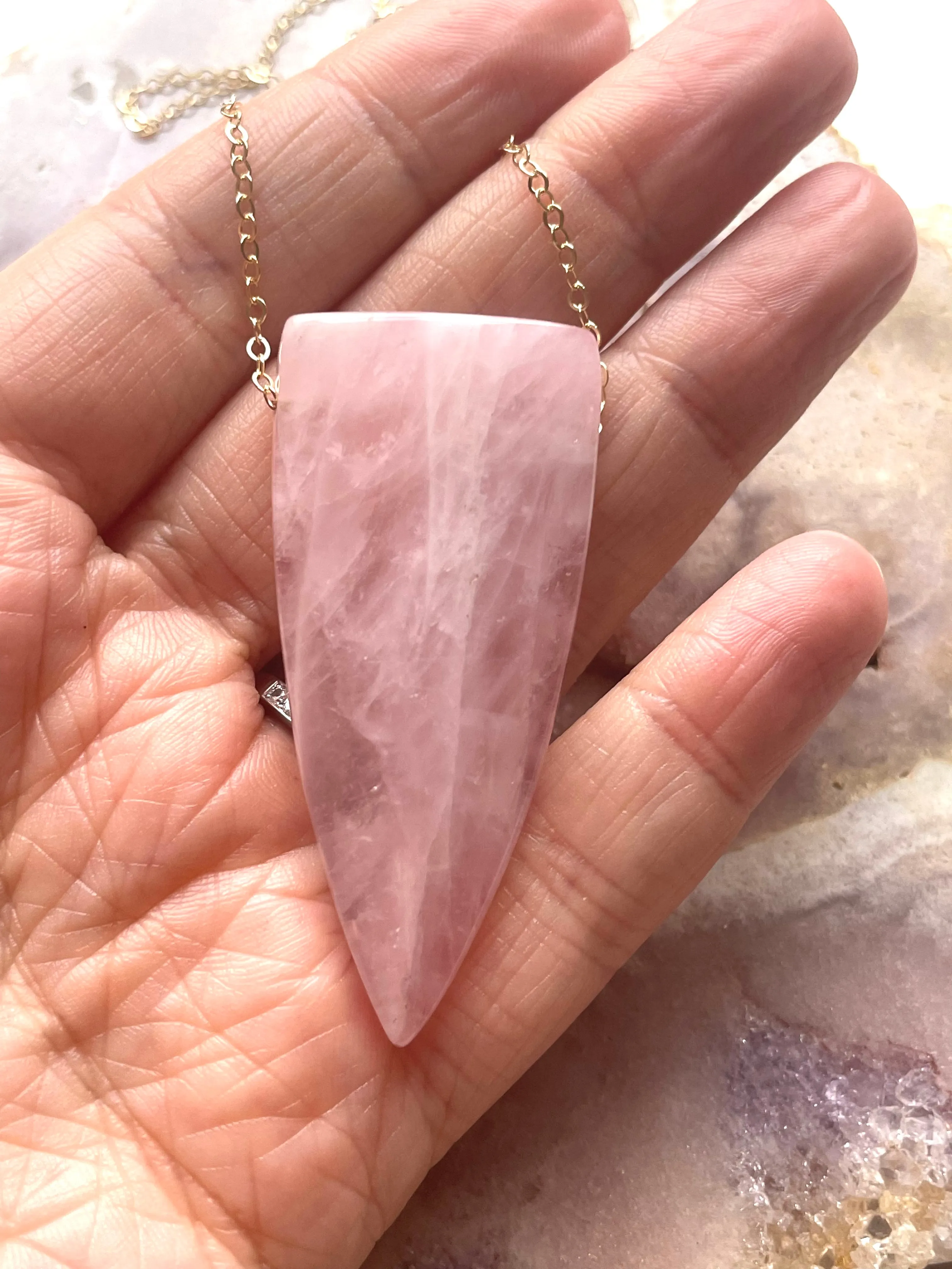 Large Rose Quartz Dagger Necklace Gold Fill