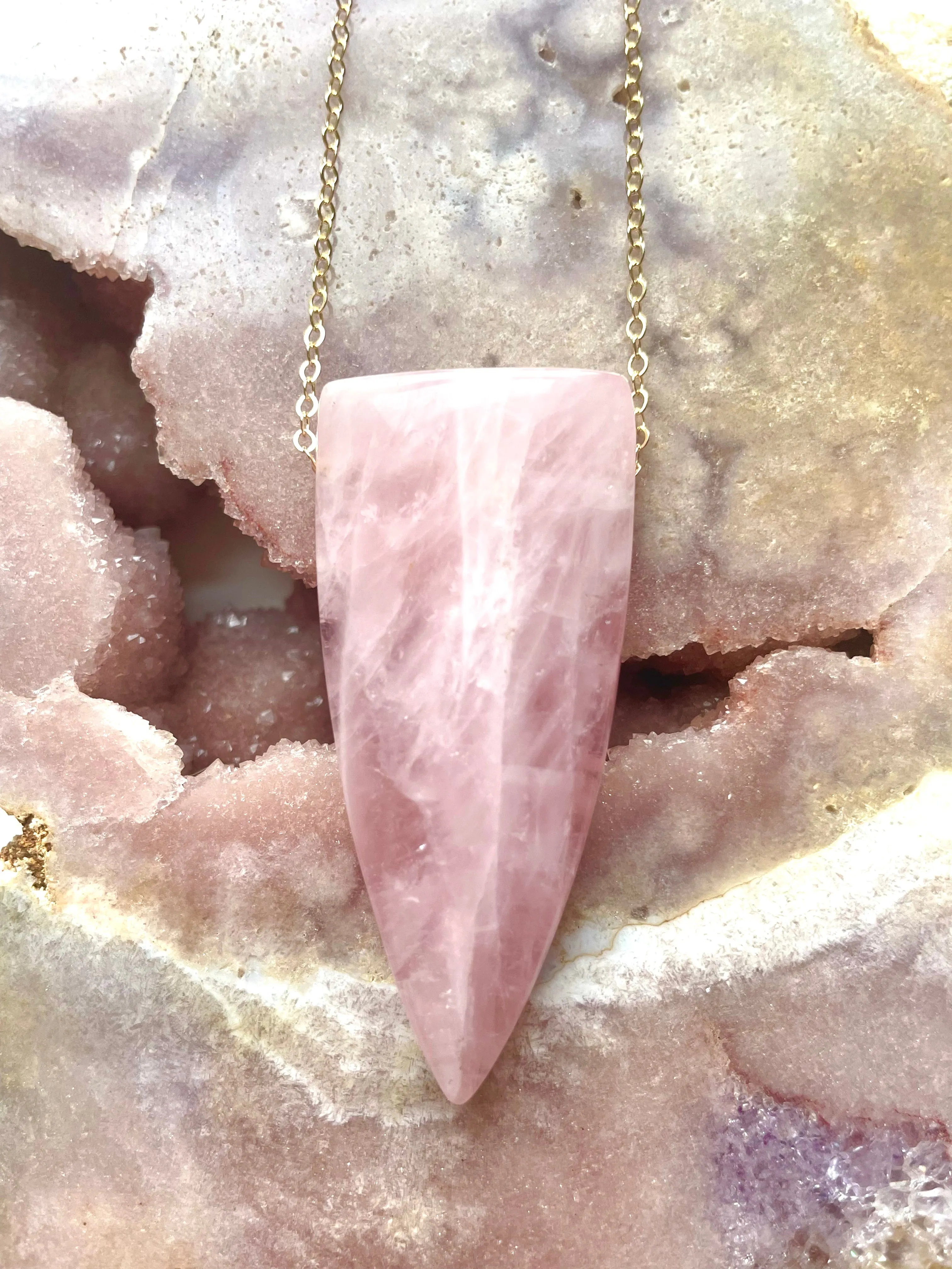 Large Rose Quartz Dagger Necklace Gold Fill