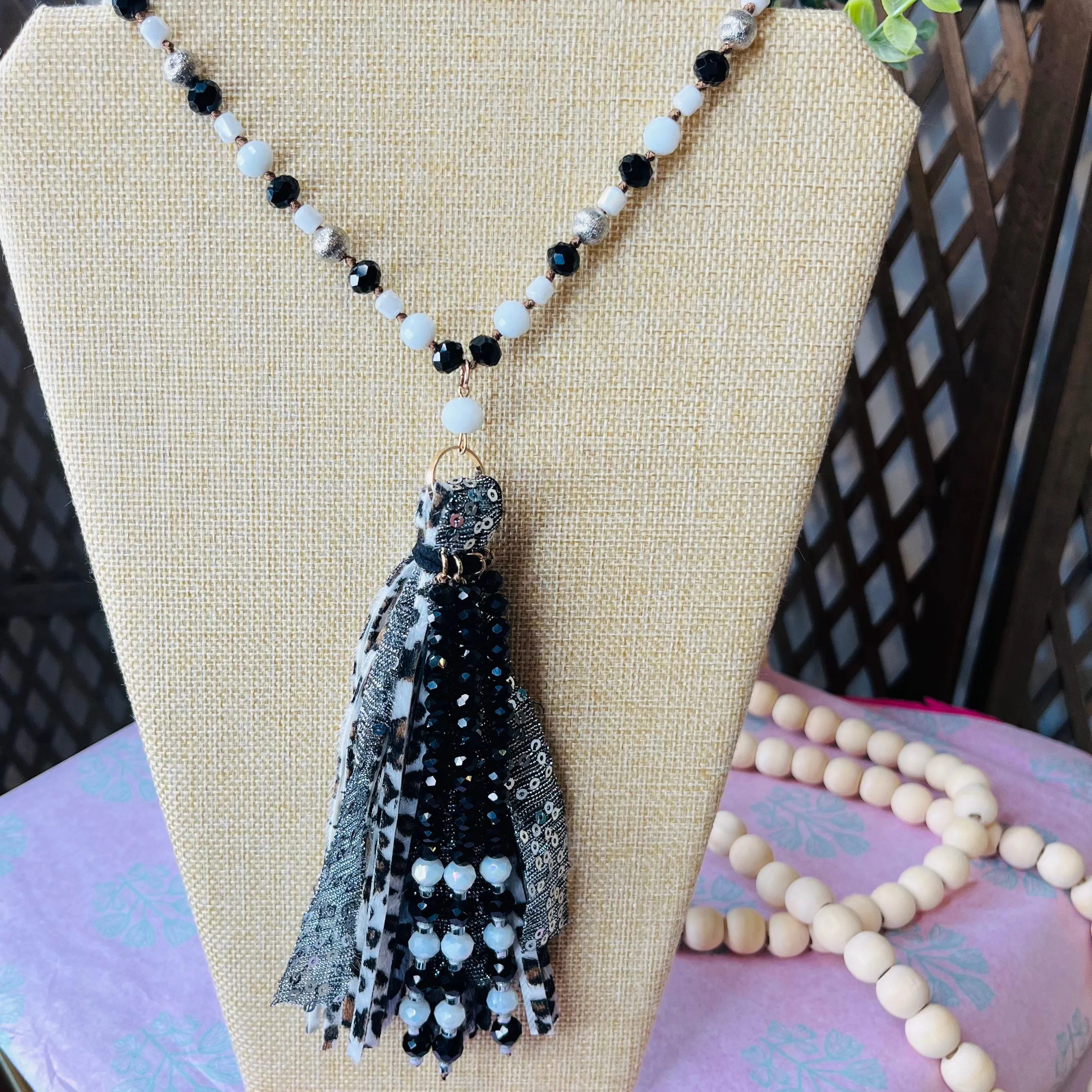 long beaded chain tassel  necklace: black