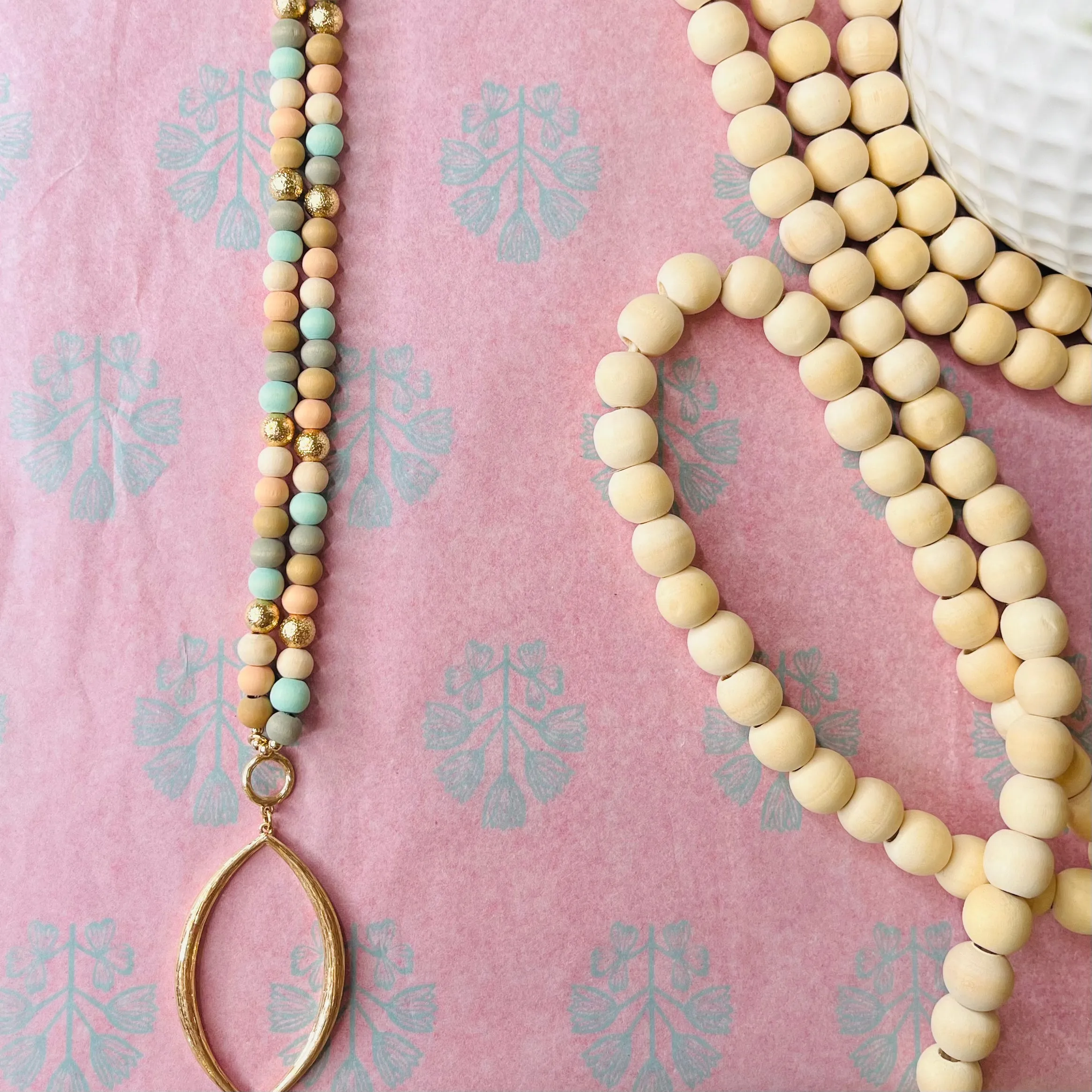 long pastel bead necklace w/ gold pendant