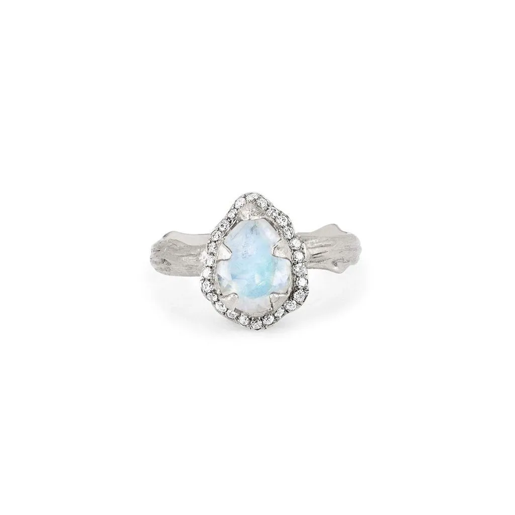 Micro Queen Water Drop Moonstone Rose Thorn Ring with Pavé Diamond Halo