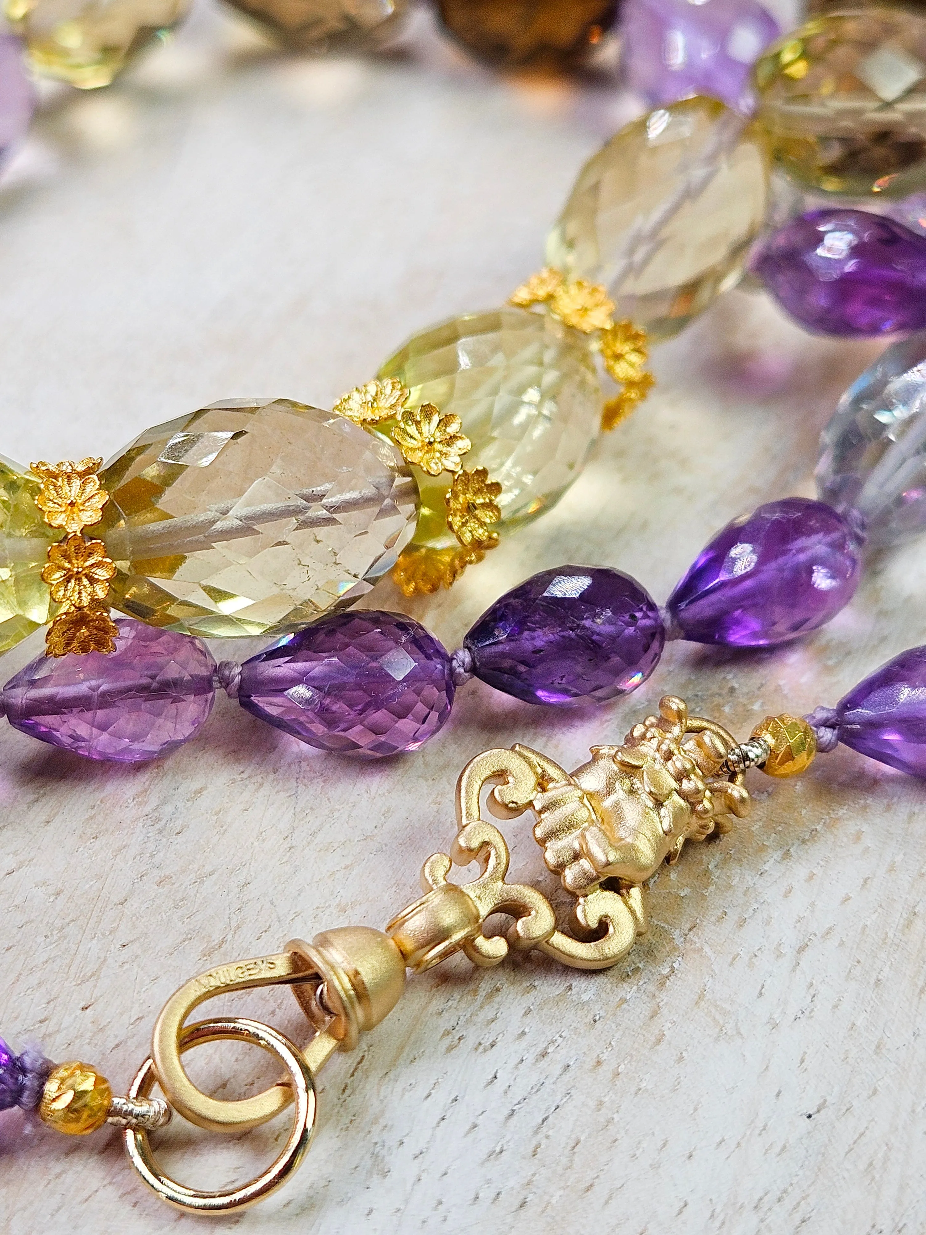 Multicolor Amethyst, Lemon Quartz, Cognac Quartz Large Gemstone Bead Necklace with 18K Yellow Gold Antique Inspired Fist Hand Clasp