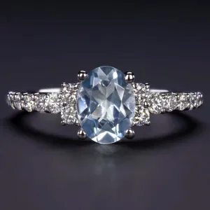 NATURAL AQUAMARINE DIAMOND RING OVAL SHAPE 14k WHITE GOLD BLUE PAVE BAND PROMISE