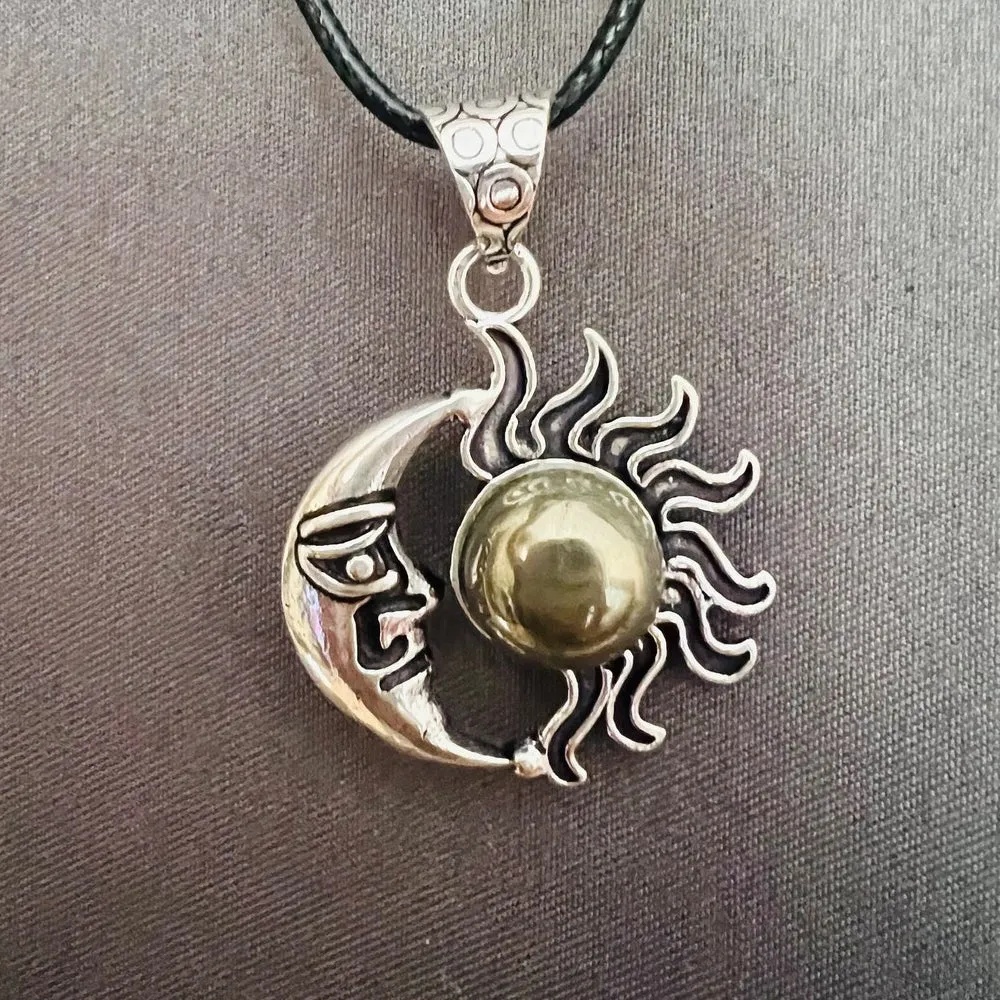 Natural Golden Pyrite Mounted in Sun Moon Pendant for Men and Women Attract Wealth and Prosperity