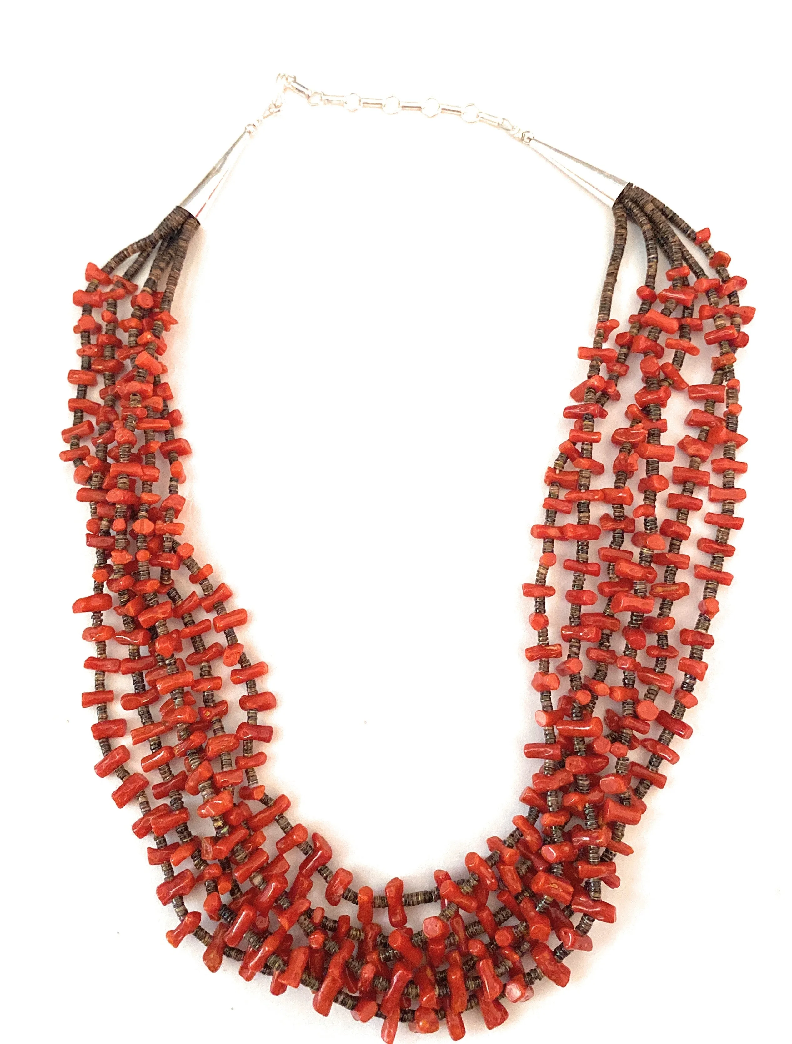 Navajo Red Coral & Heishi Six Strand Beaded Necklace