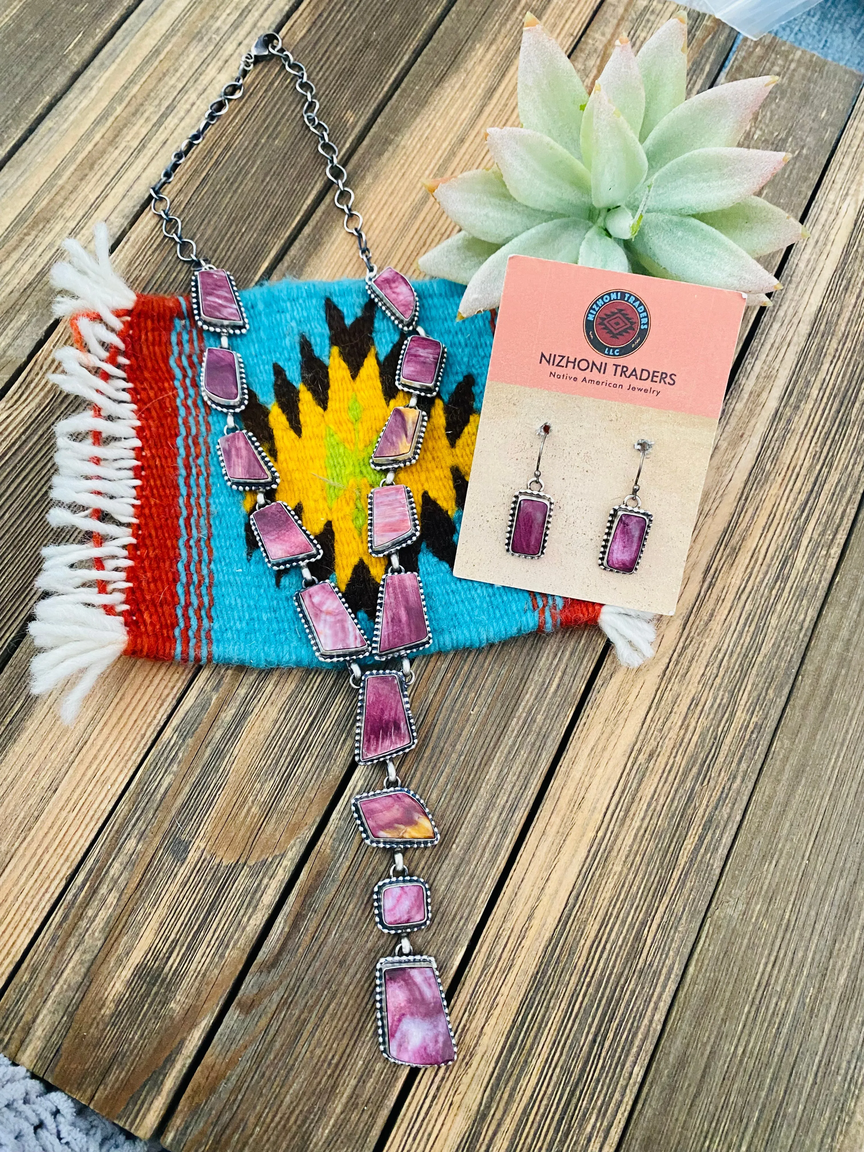 Navajo Sterling Silver & Purple Spiny Lariat Necklace Set