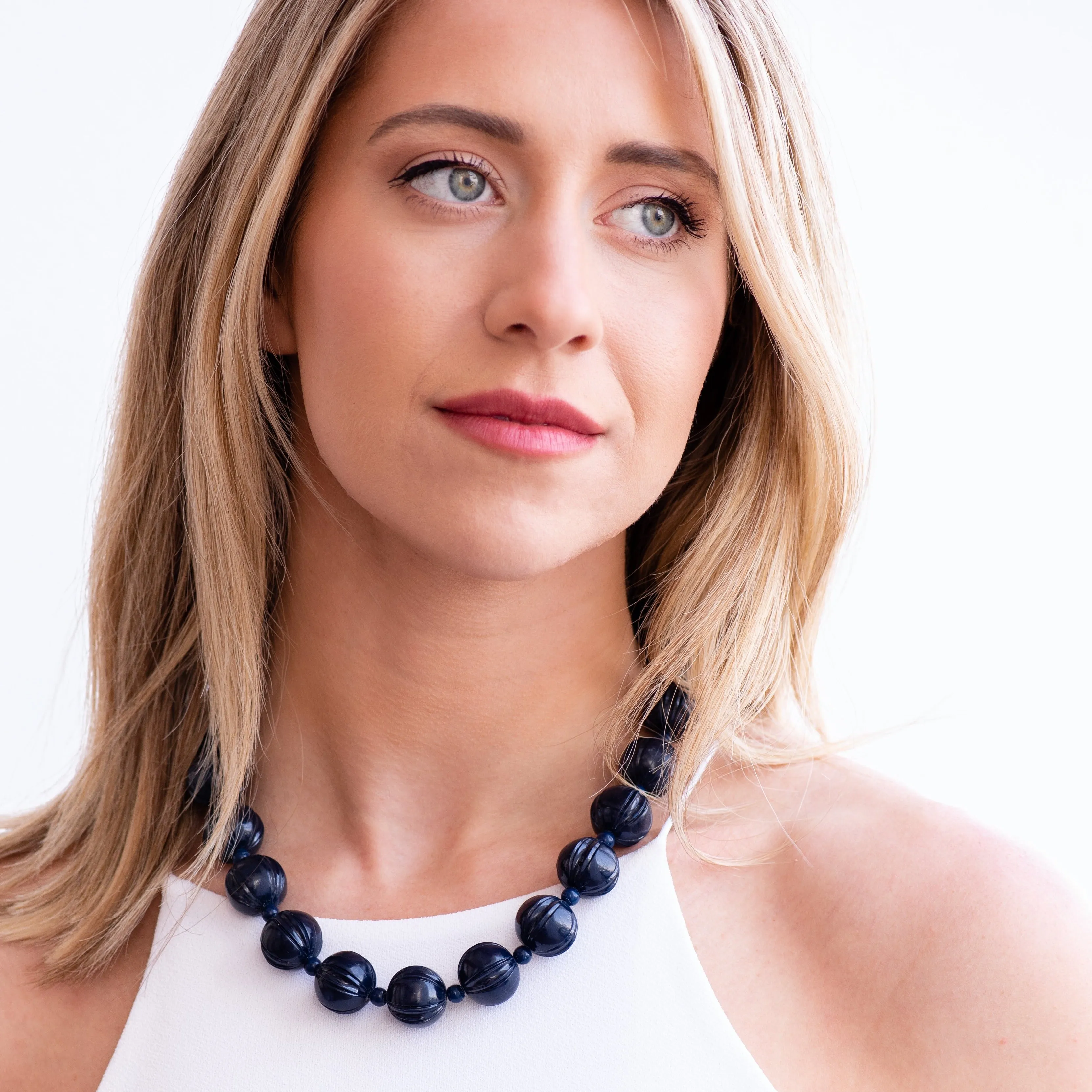 Navy Blue Carved Scalloped Lucite Marco Necklace