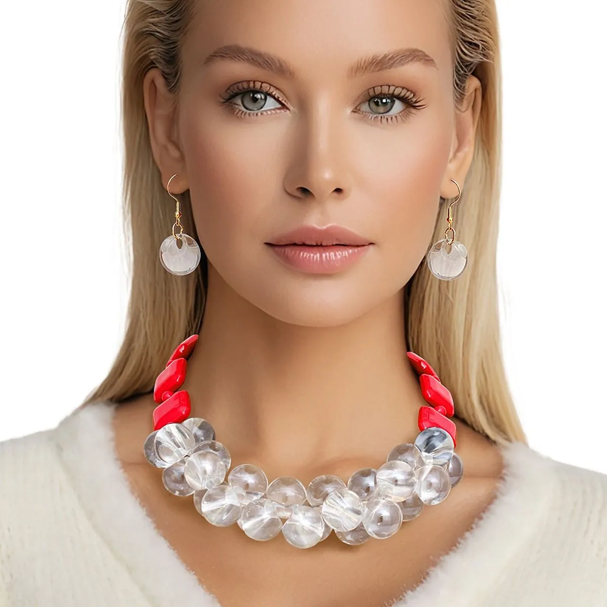 Necklace Bubble and Red Square Bead Necklace Set