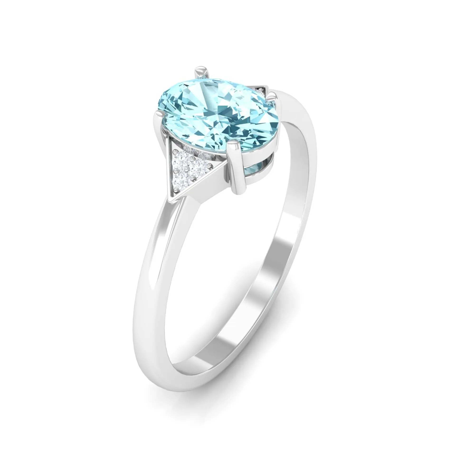 Oval Aquamarine Solitaire Ring with Diamond Accent