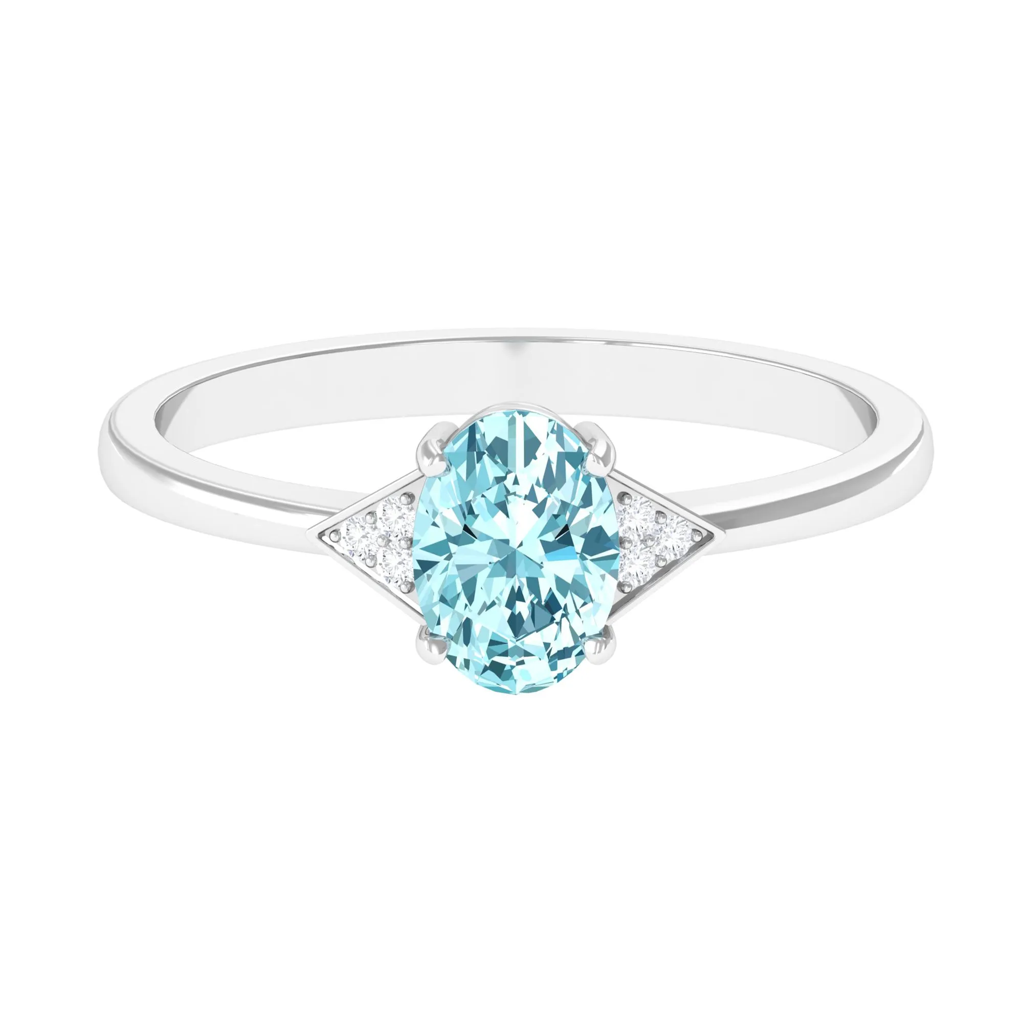 Oval Aquamarine Solitaire Ring with Diamond Accent