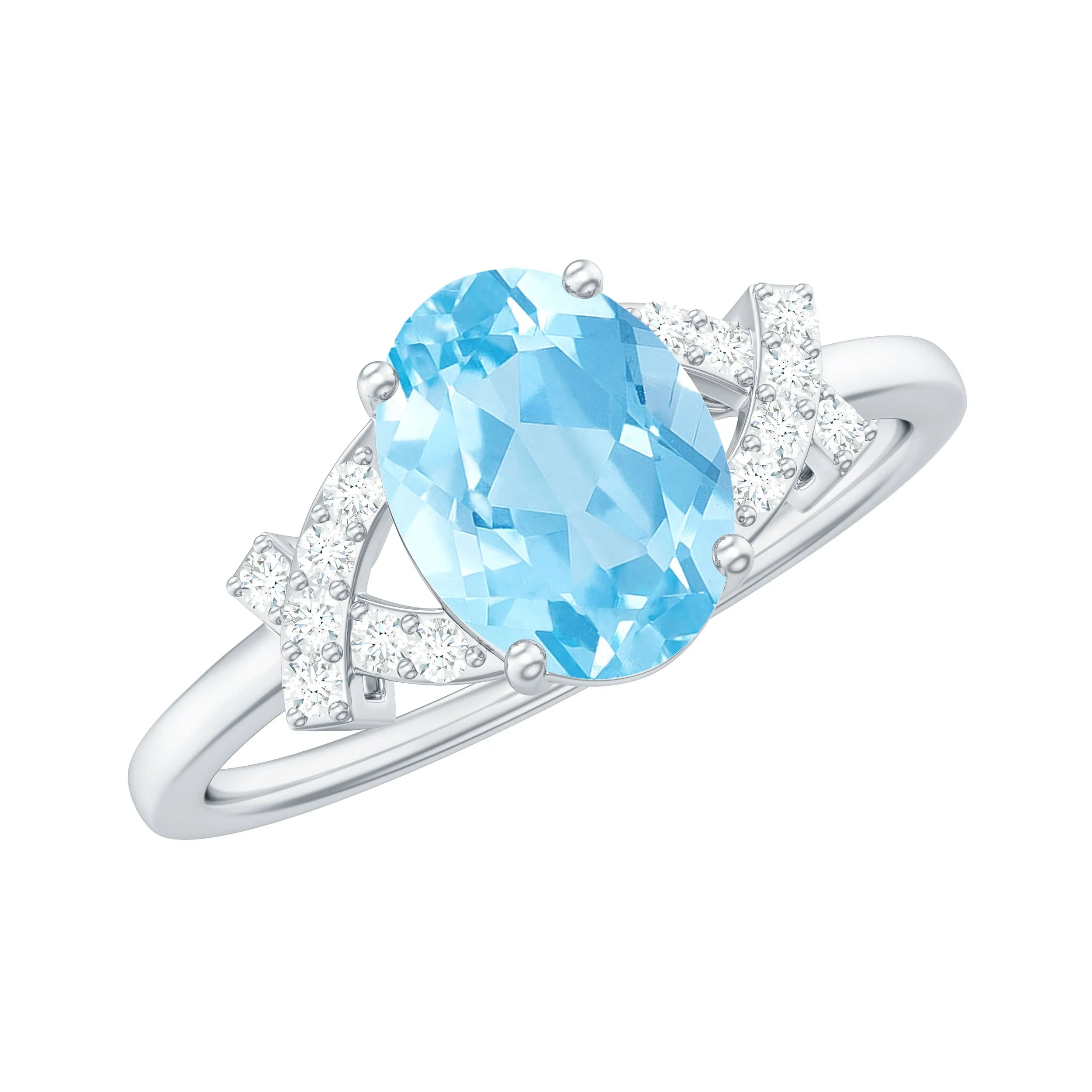 Oval Shape Aquamarine Solitaire Ring with Diamond