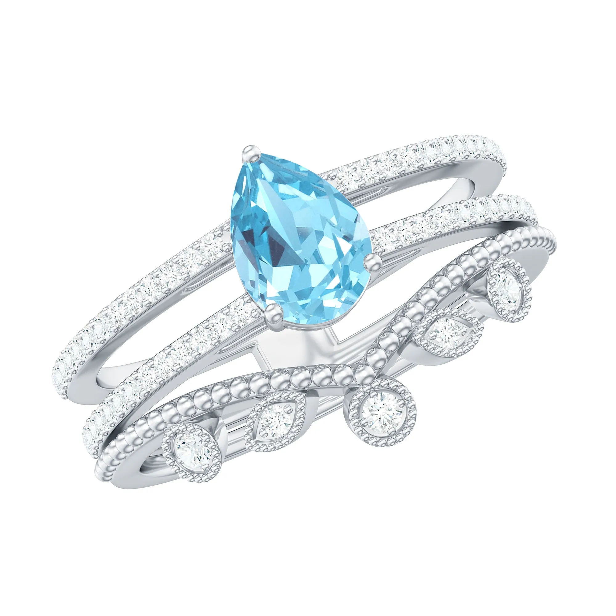 Pear Cut Real Aquamarine and Moissanite Wedding Ring Set