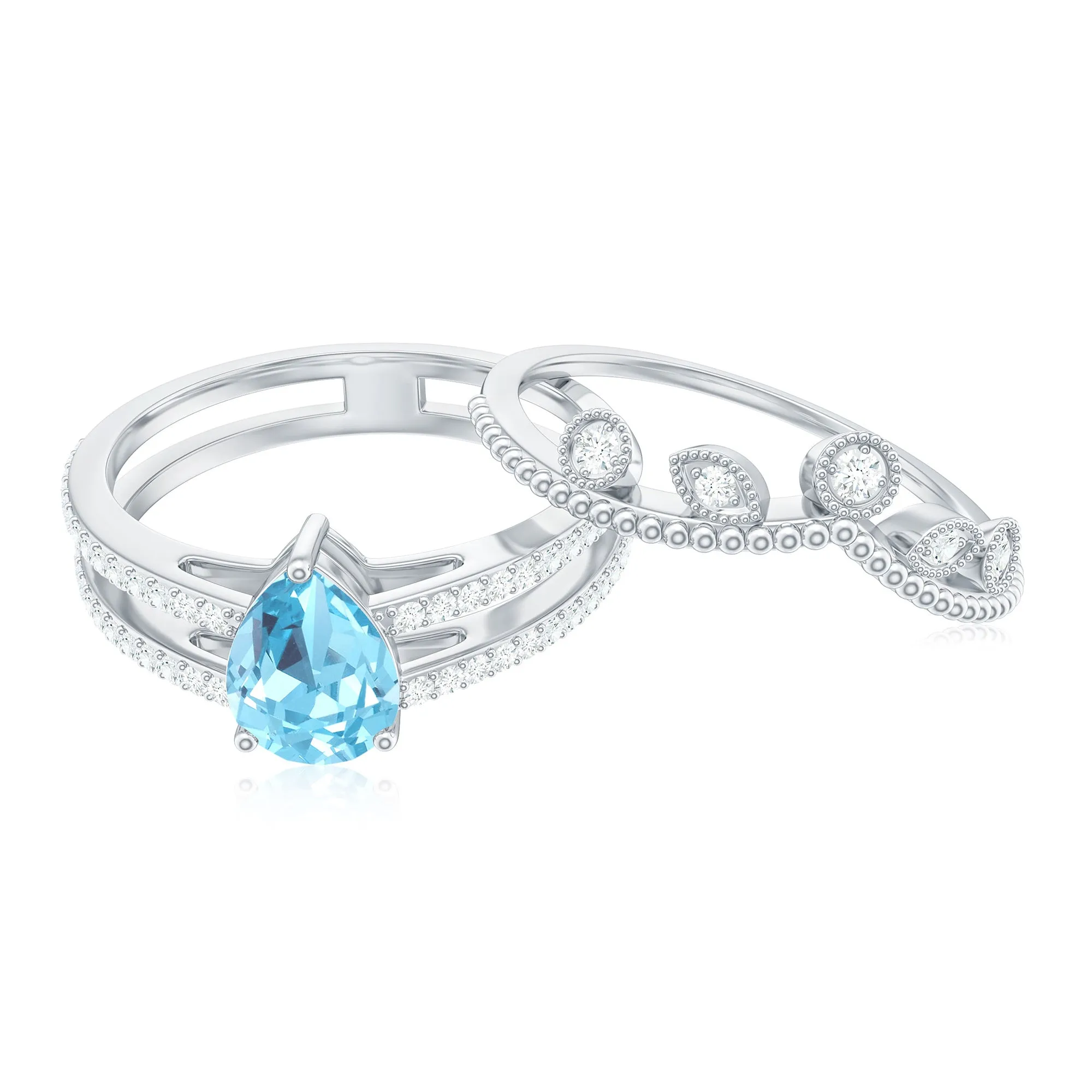 Pear Cut Real Aquamarine and Moissanite Wedding Ring Set