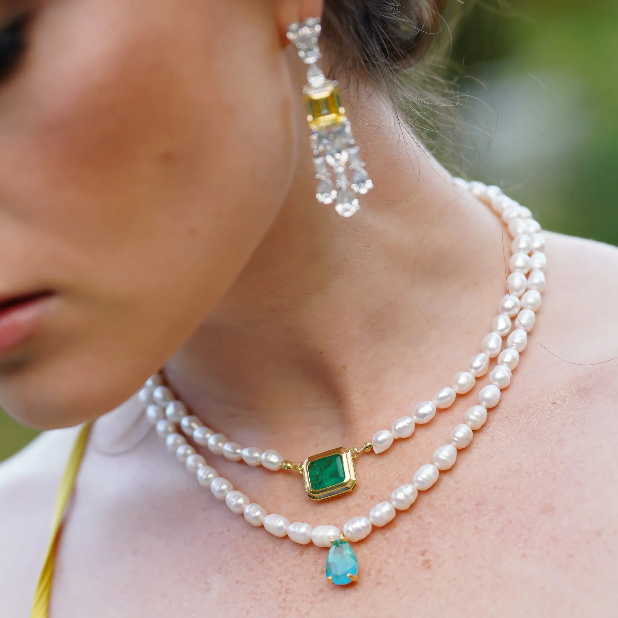 Pearl beaded pear paraiba stone necklace