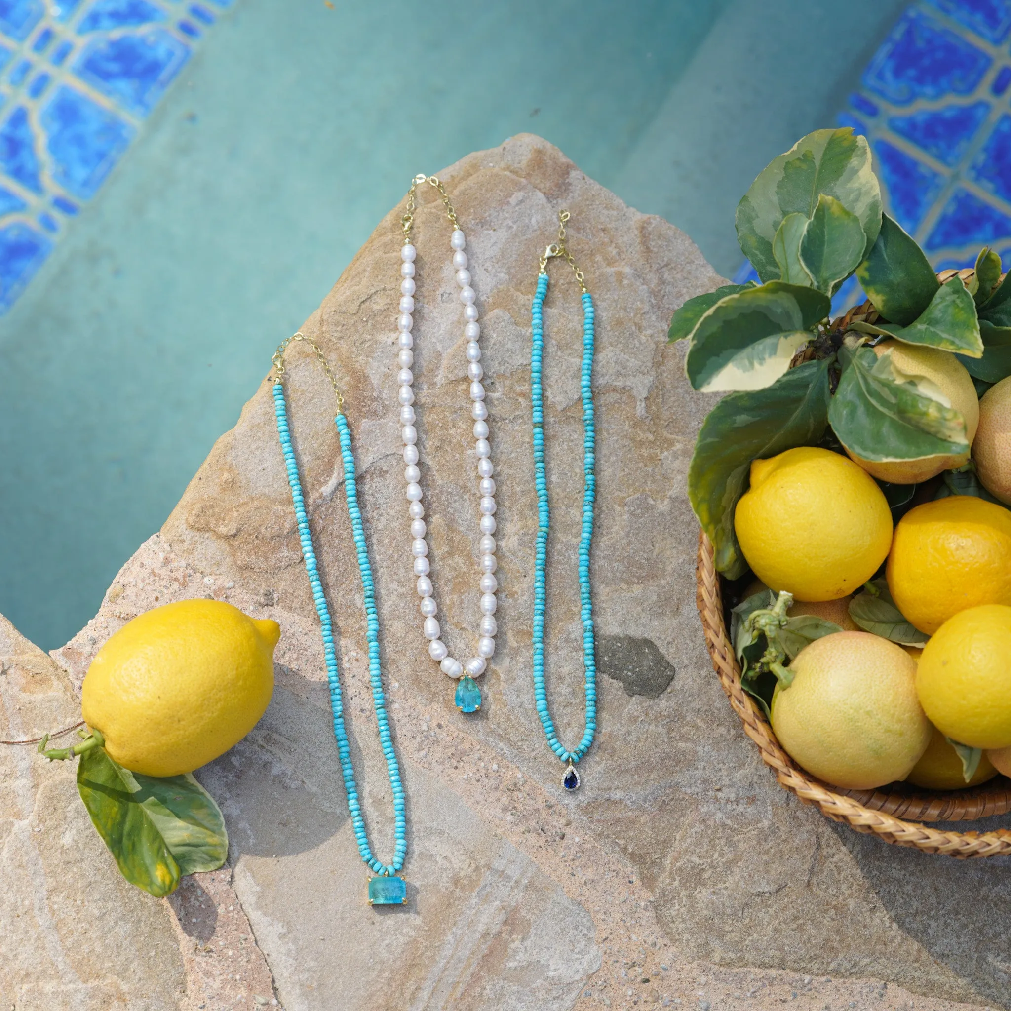 Pearl beaded pear paraiba stone necklace