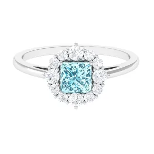 Princess Cut Aquamarine Engagement Ring with Diamond Halo