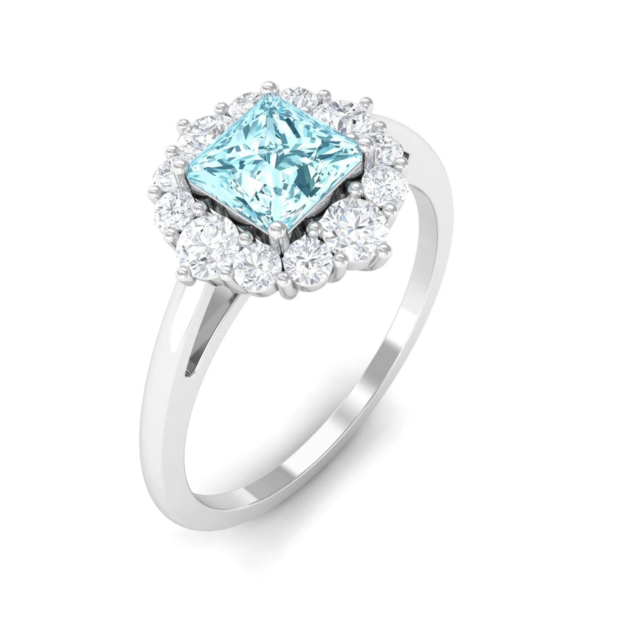 Princess Cut Aquamarine Engagement Ring with Diamond Halo